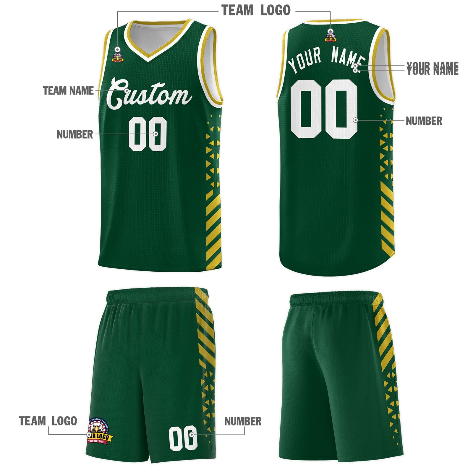 Custom Hunter Green Old Gold White Side Diamond Shapes Stripes Basketball Jersey | For Men,Sublimation Printed,Perfect for Teams,Perfect for Coaches | KXKSHOP