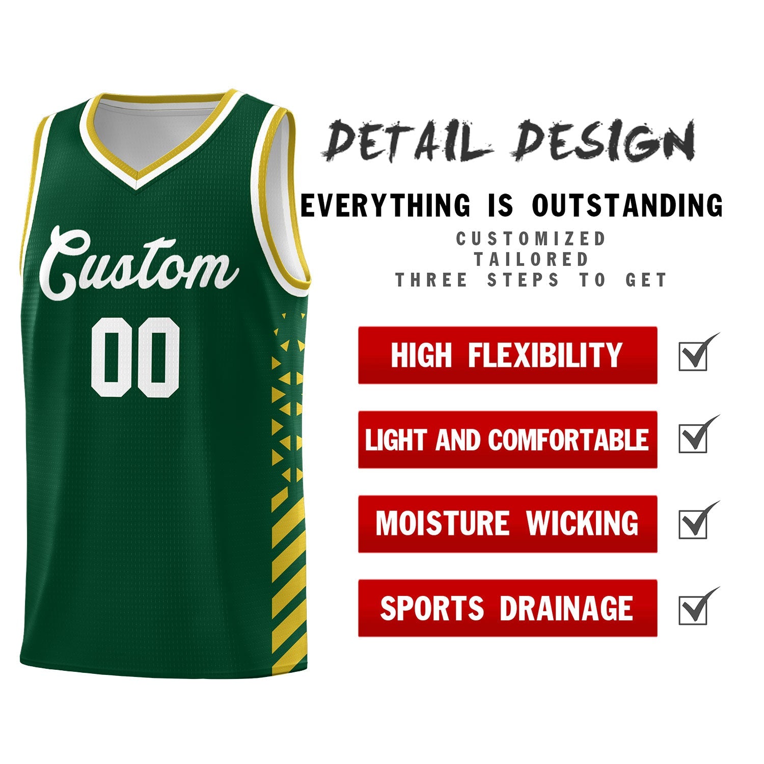 Custom Hunter Green Old Gold White Side Diamond Shapes Stripes Basketball Jersey | For Men,Sublimation Printed,Perfect for Teams,Perfect for Coaches | KXKSHOP