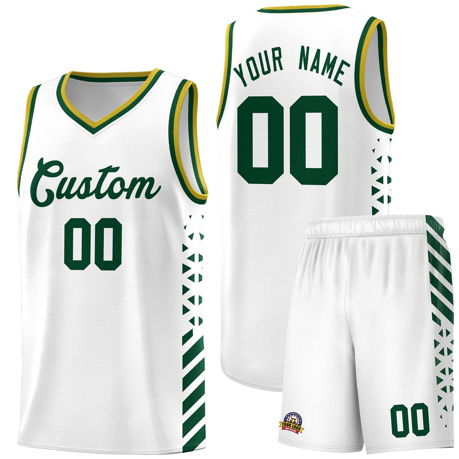 Custom White Hunter Green Old Gold Side Diamond Shapes Stripes Basketball Jersey | For Men,Sublimation Printed,Perfect for Teams,Perfect for Coaches | KXKSHOP
