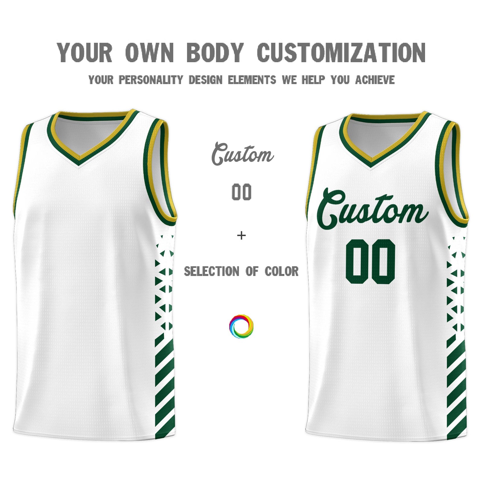 Custom White Hunter Green Old Gold Side Diamond Shapes Stripes Basketball Jersey | For Men,Sublimation Printed,Perfect for Teams,Perfect for Coaches | KXKSHOP