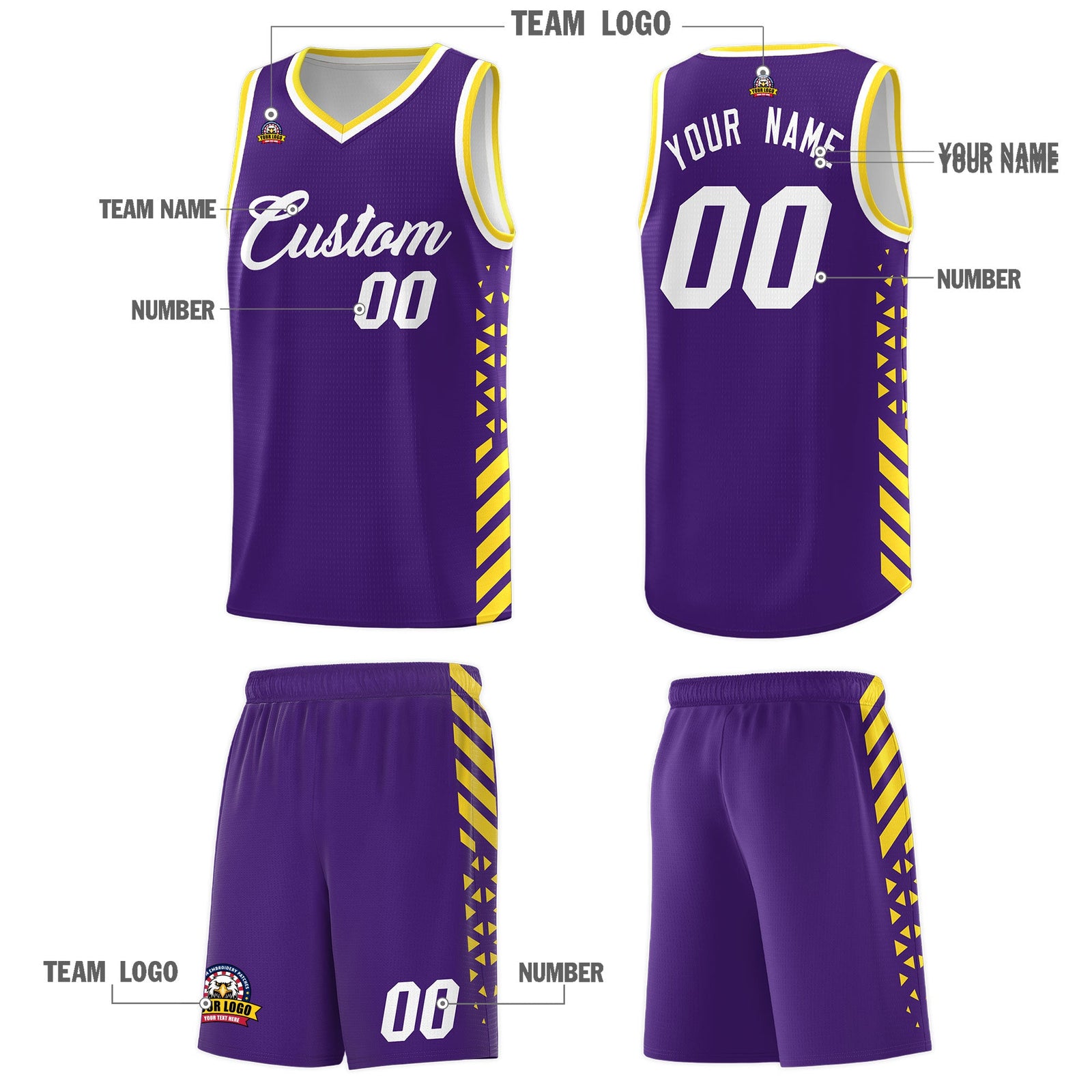 Custom Purple Gold White Side Diamond Shapes Stripes Basketball Jersey | For Men,Sublimation Printed,Perfect for Teams,Perfect for Coaches | KXKSHOP