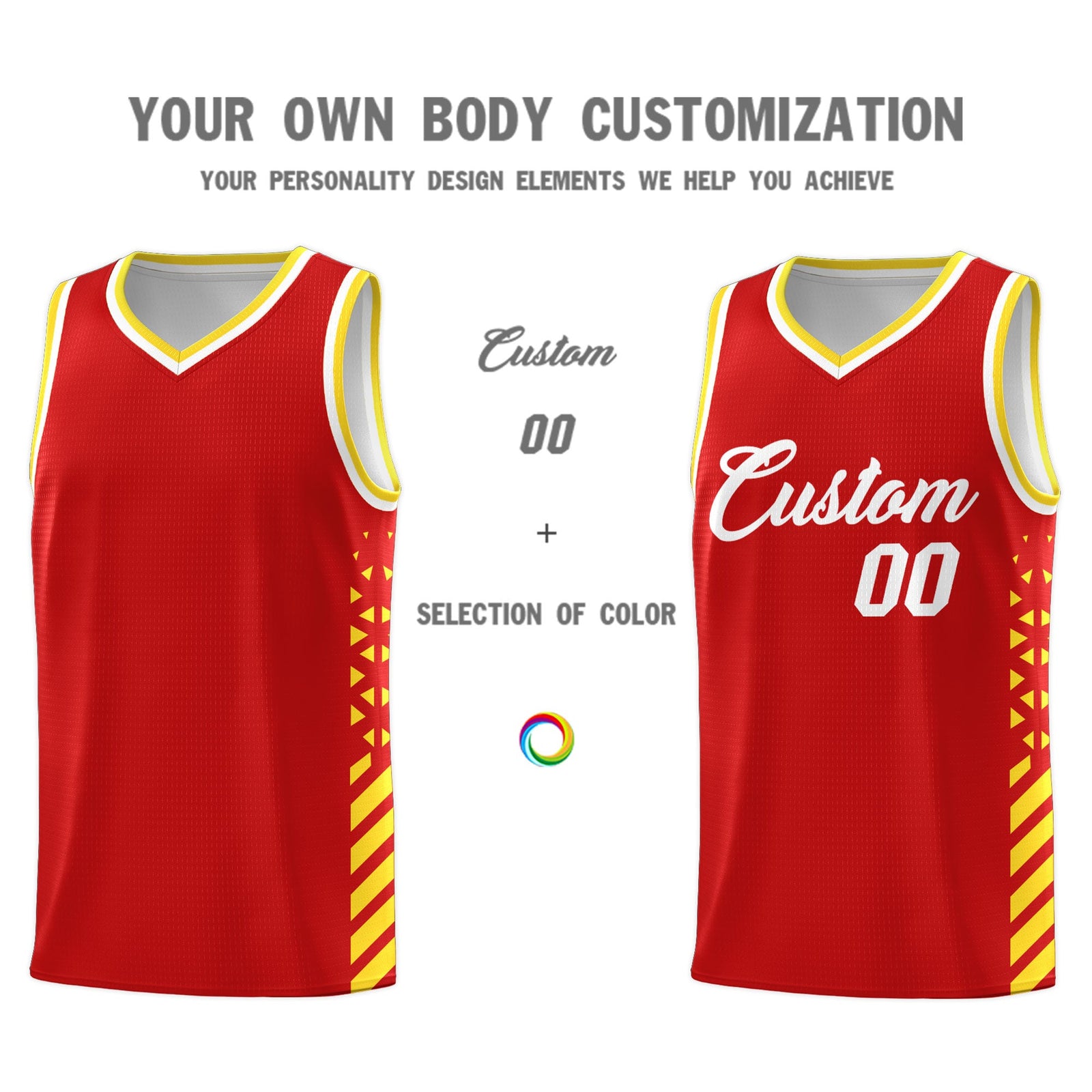 Custom Red Gold White Side Diamond Shapes Stripes Basketball Jersey | For Men,Sublimation Printed,Perfect for Teams,Perfect for Coaches | KXKSHOP