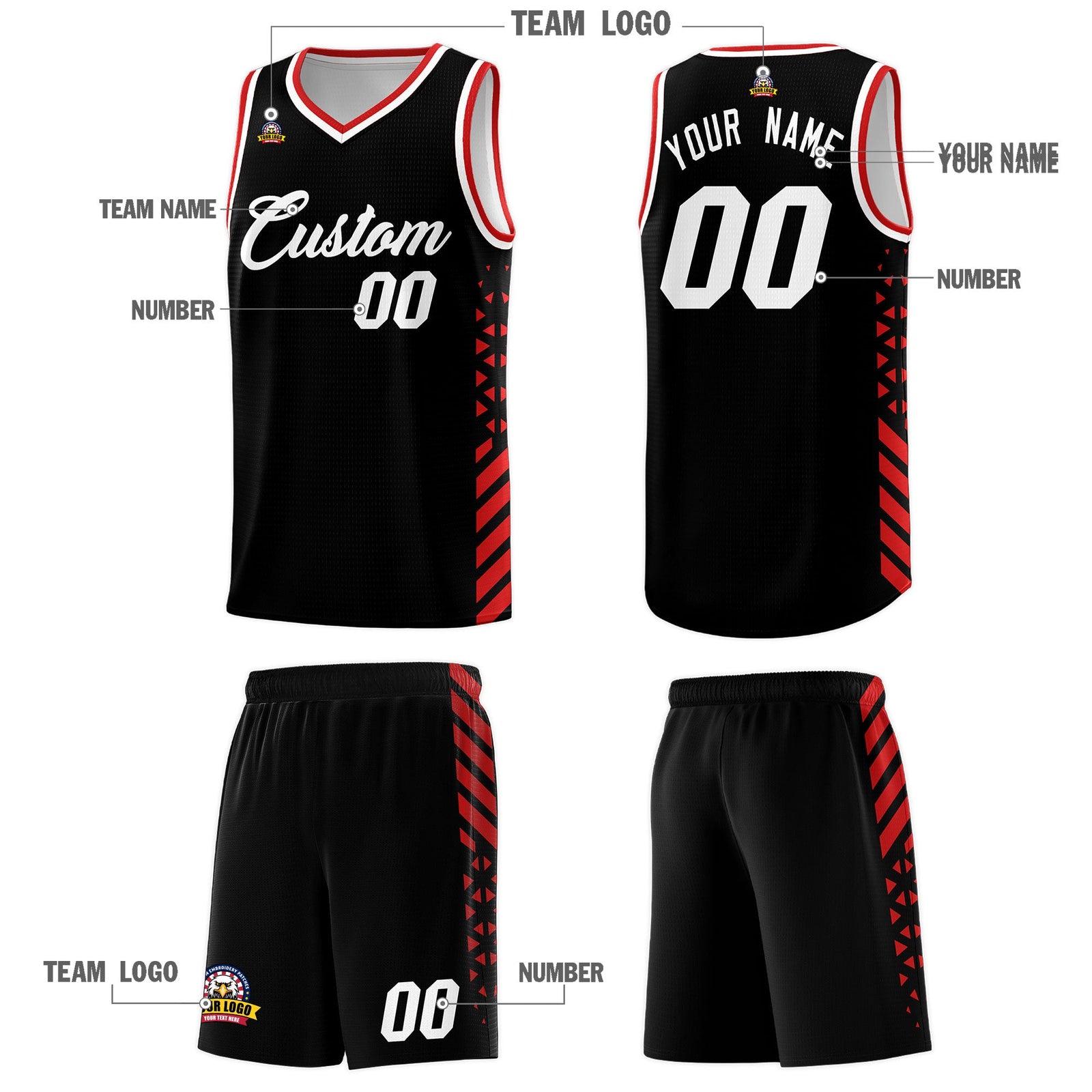 Custom Black Red White Side Diamond Shapes Stripes Basketball Jersey | For Men,Sublimation Printed,Perfect for Teams,Perfect for Coaches | KXKSHOP