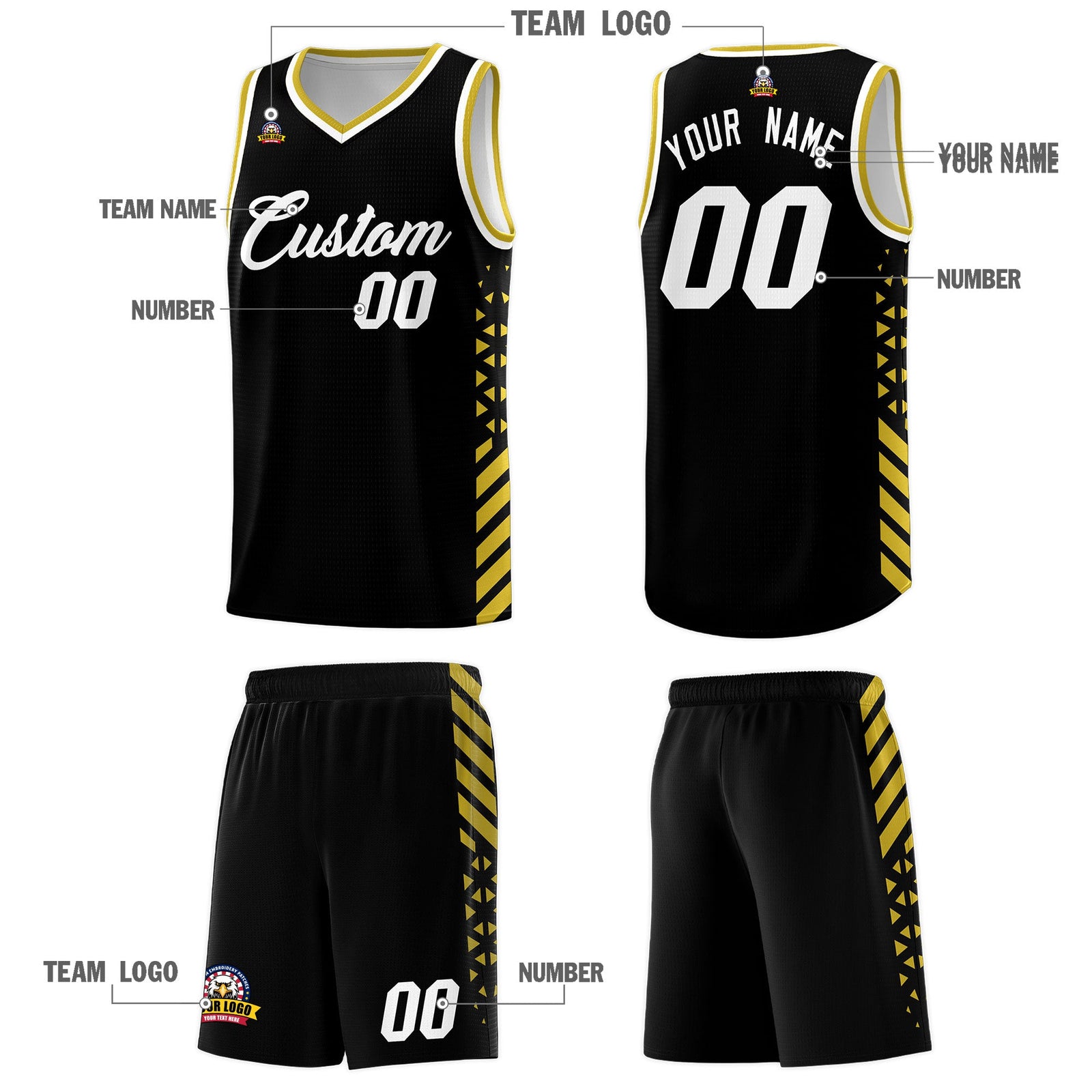 Custom Black Old Gold White Side Diamond Shapes Stripes Basketball Jersey | For Men,Sublimation Printed,Perfect for Teams,Perfect for Coaches | KXKSHOP