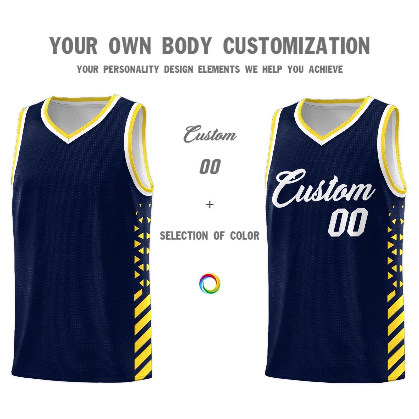 Custom Navy Gold White Side Diamond Shapes Stripes Basketball Jersey | For Men,Sublimation Printed,Perfect for Teams,Perfect for Coaches | KXKSHOP