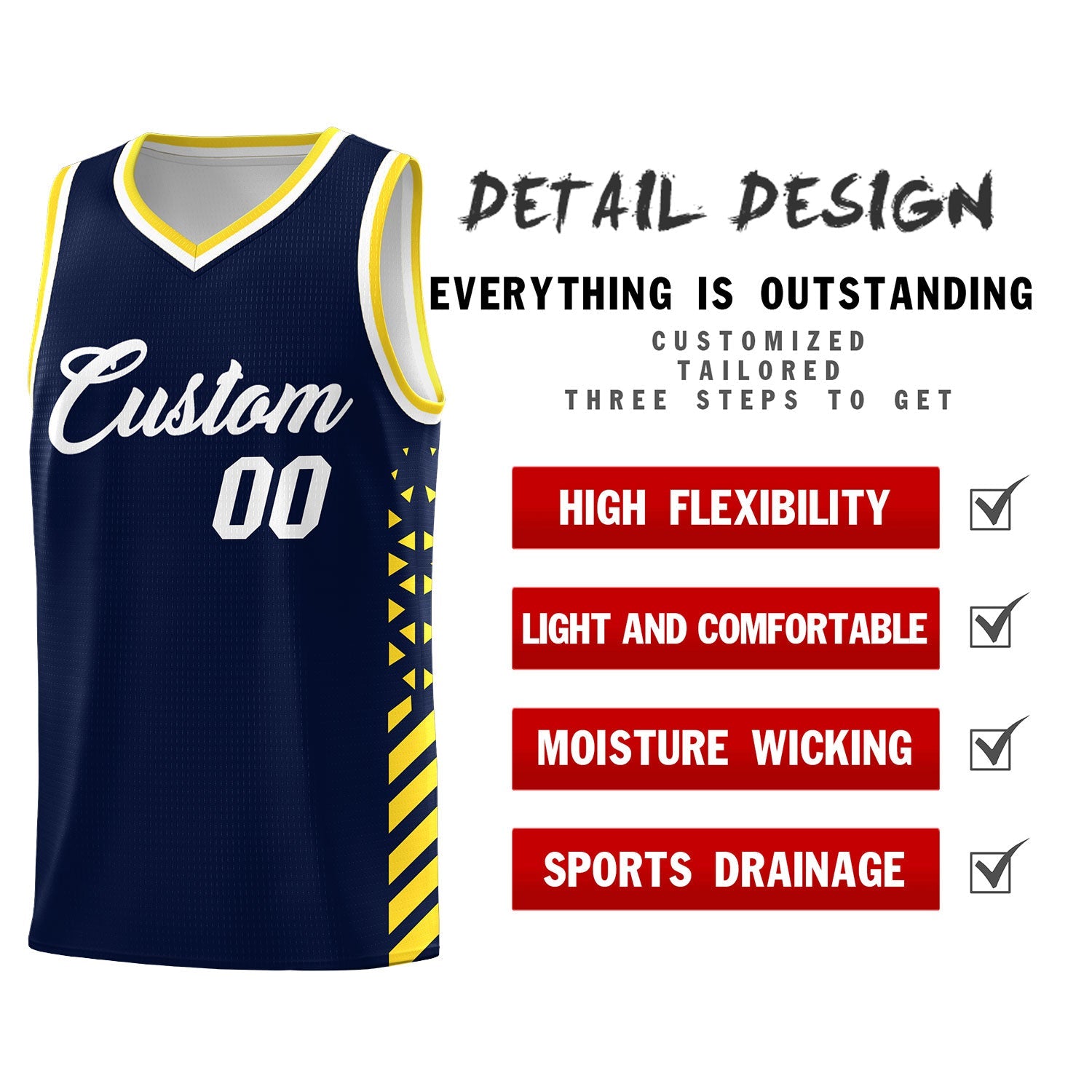 Custom Navy Gold White Side Diamond Shapes Stripes Basketball Jersey | For Men,Sublimation Printed,Perfect for Teams,Perfect for Coaches | KXKSHOP