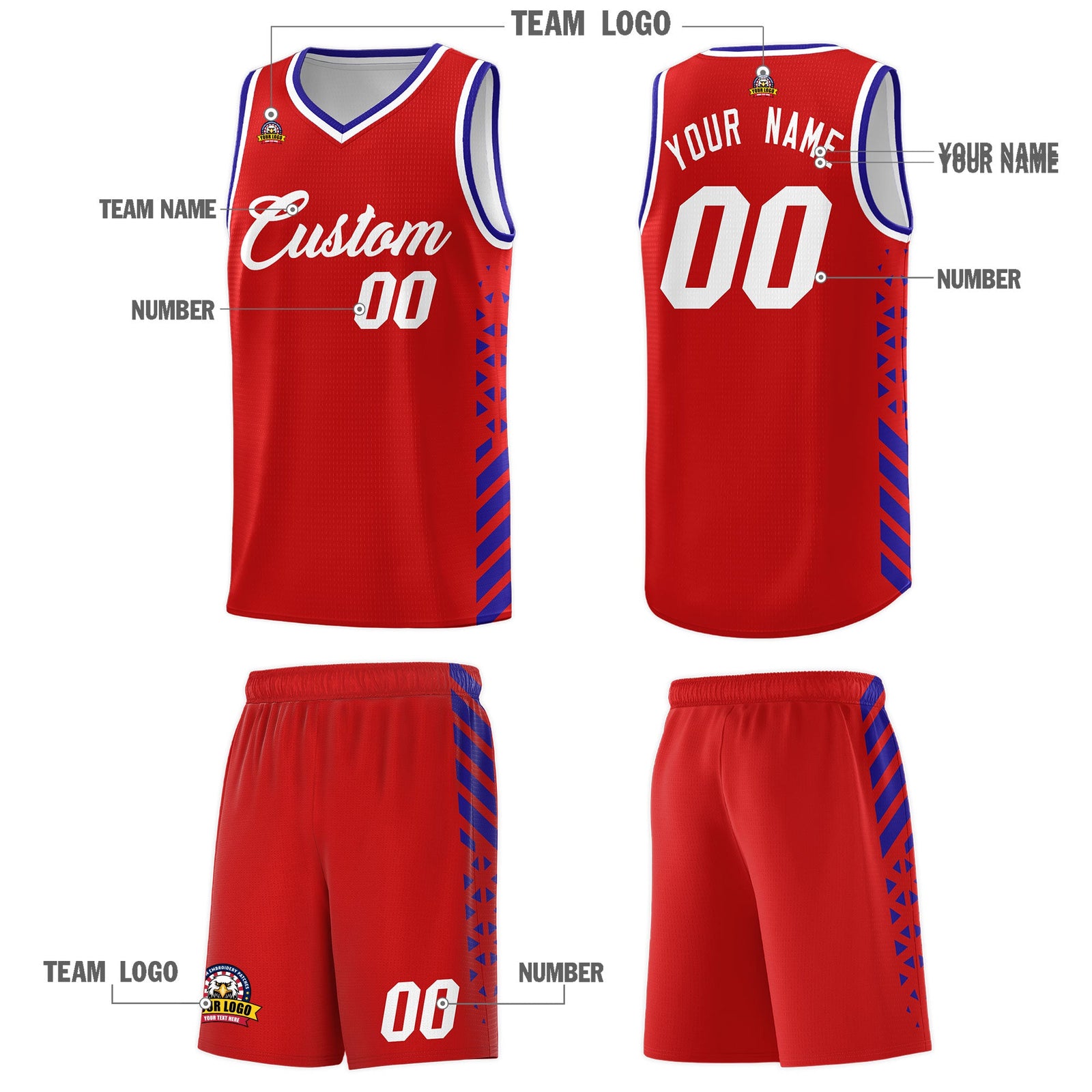 Custom Red Royal Blue White Side Diamond Shapes Stripes Basketball Jersey | For Men,Sublimation Printed,Perfect for Teams,Perfect for Coaches | KXKSHOP