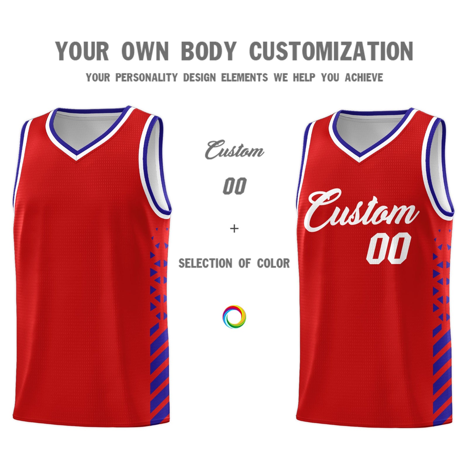Custom Red Royal Blue White Side Diamond Shapes Stripes Basketball Jersey | For Men,Sublimation Printed,Perfect for Teams,Perfect for Coaches | KXKSHOP