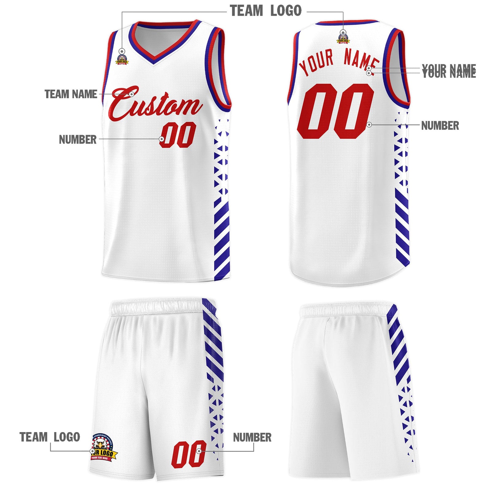 Custom White Royal Blue Red Side Diamond Shapes Stripes Basketball Jersey | For Men,Sublimation Printed,Perfect for Teams,Perfect for Coaches | KXKSHOP