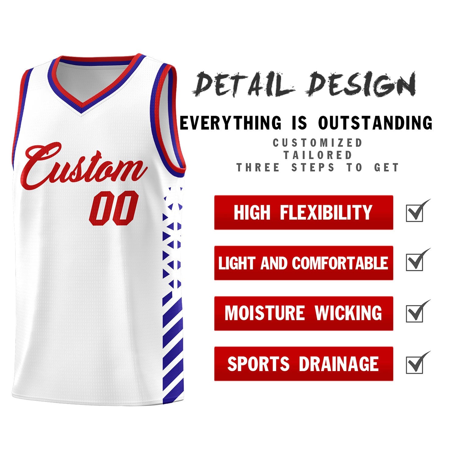Custom White Royal Blue Red Side Diamond Shapes Stripes Basketball Jersey | For Men,Sublimation Printed,Perfect for Teams,Perfect for Coaches | KXKSHOP