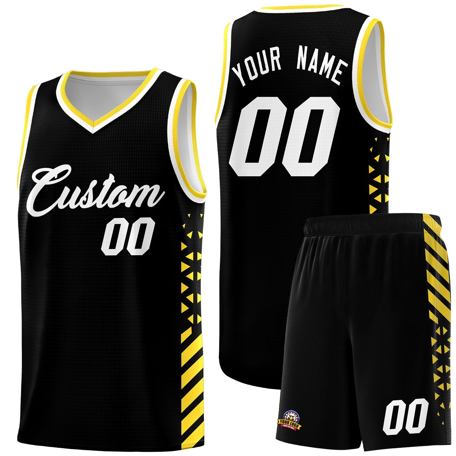 Custom Black Gold White Side Diamond Shapes Stripes Basketball Jersey | For Men,Sublimation Printed,Perfect for Teams,Perfect for Coaches | KXKSHOP