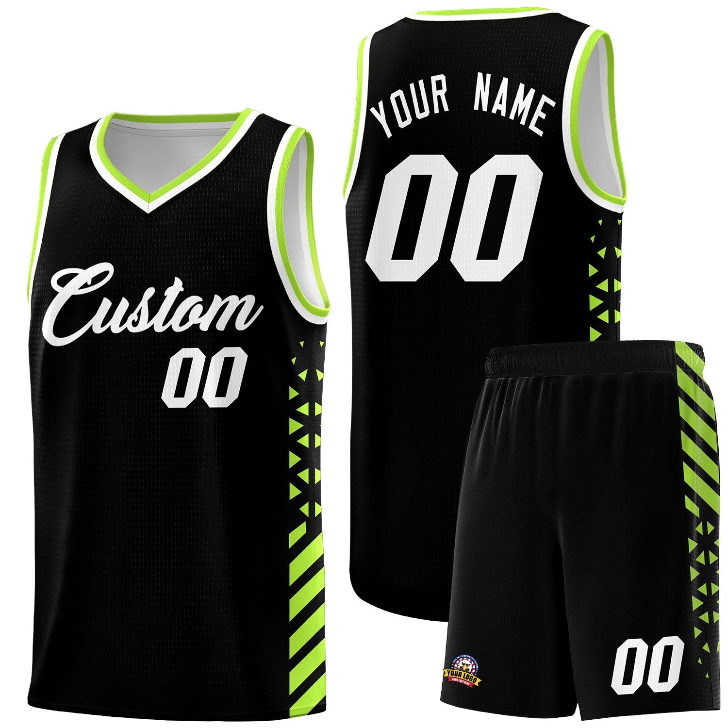 Custom Black Neon Green White Side Diamond Shapes Stripes Basketball Jersey | For Men,Sublimation Printed,Perfect for Teams,Perfect for Coaches | KXKSHOP