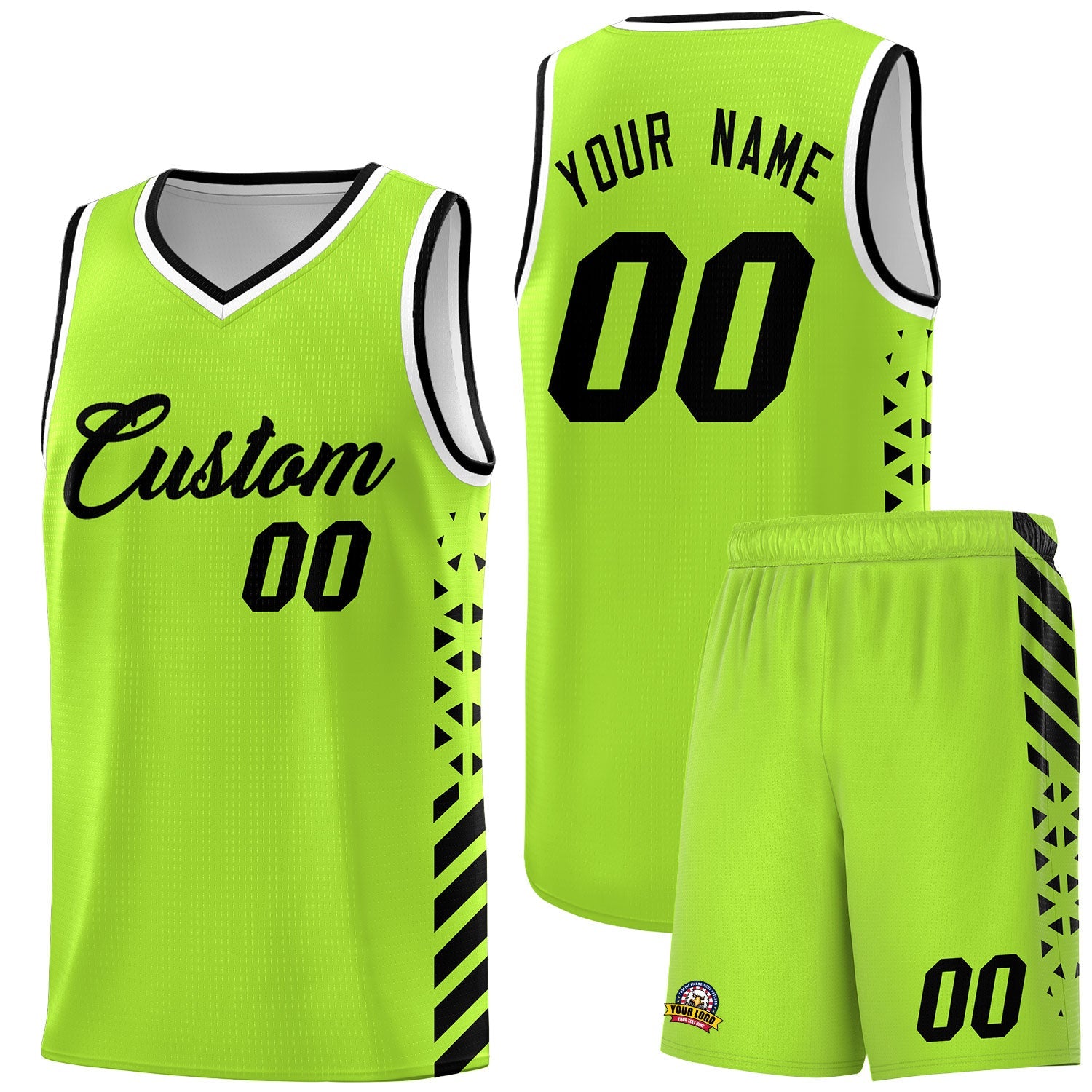 Custom Neon Green Black White Side Diamond Shapes Stripes Basketball Jersey | For Men,Sublimation Printed,Perfect for Teams,Perfect for Coaches | KXKSHOP
