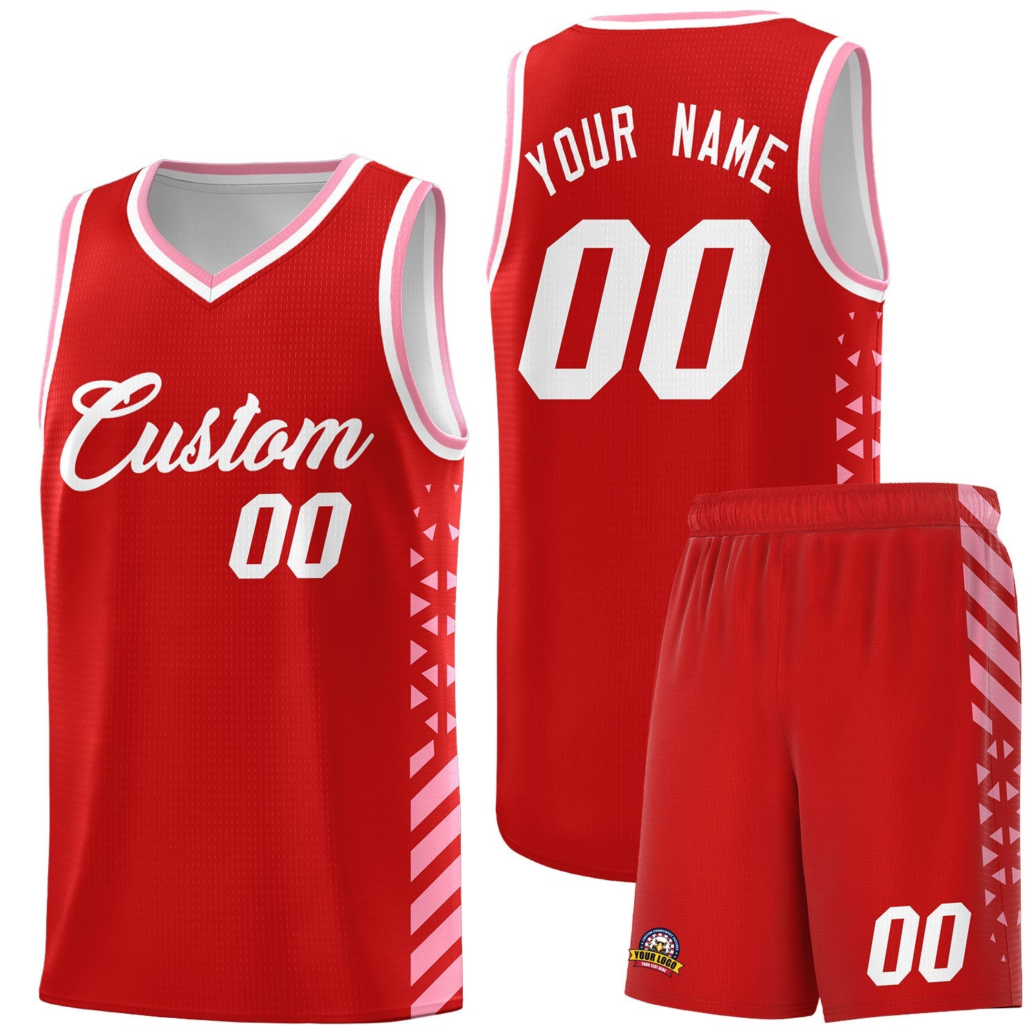 Custom Red Light Pink White Side Diamond Shapes Stripes Basketball Jersey | For Men,Sublimation Printed,Perfect for Teams,Perfect for Coaches | KXKSHOP