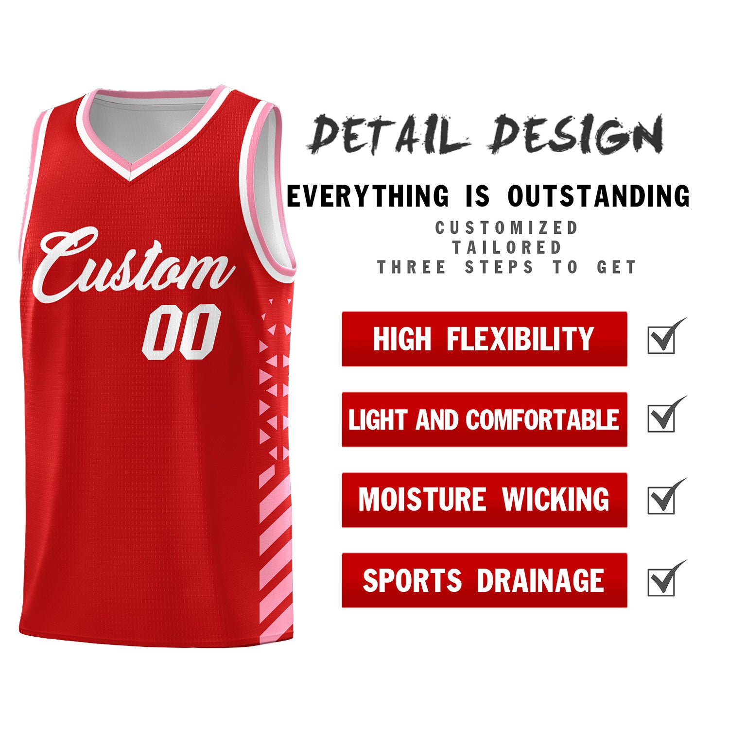 Custom Red Light Pink White Side Diamond Shapes Stripes Basketball Jersey | For Men,Sublimation Printed,Perfect for Teams,Perfect for Coaches | KXKSHOP