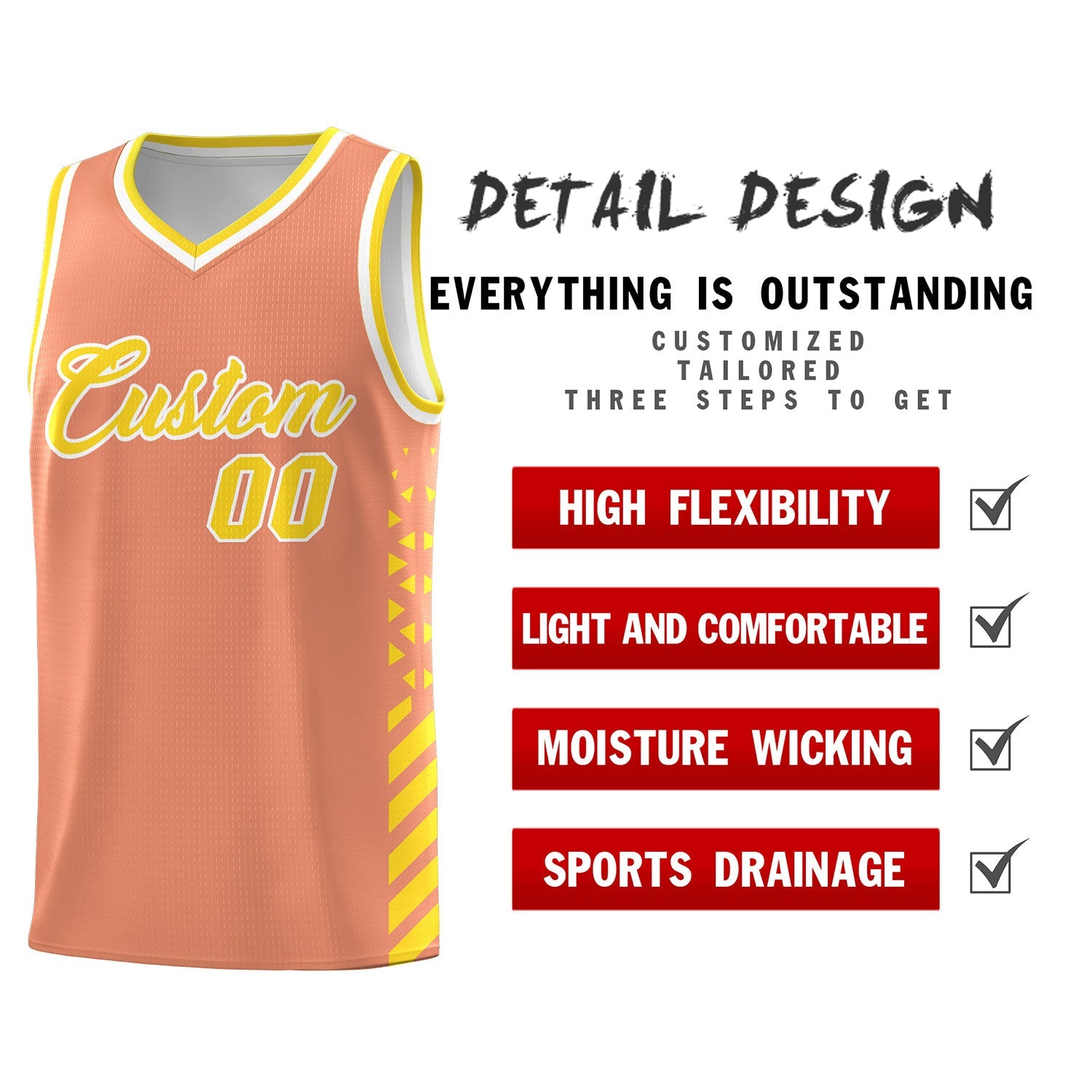 Custom Light Orange Gold White Side Diamond Shapes Stripes Basketball Jersey | For Men,Sublimation Printed,Perfect for Teams,Perfect for Coaches | KXKSHOP