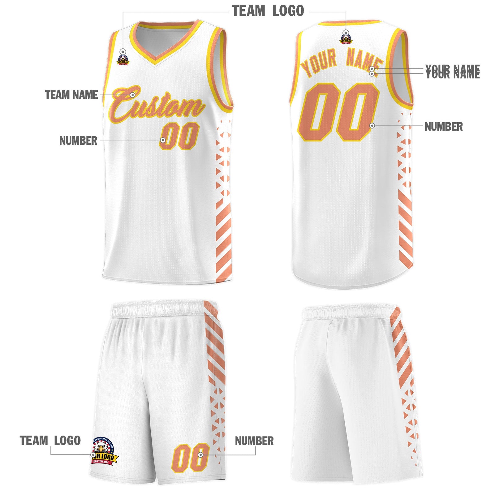 Custom White Light Orange Gold Side Diamond Shapes Stripes Basketball Jersey | For Men,Sublimation Printed,Perfect for Teams,Perfect for Coaches | KXKSHOP