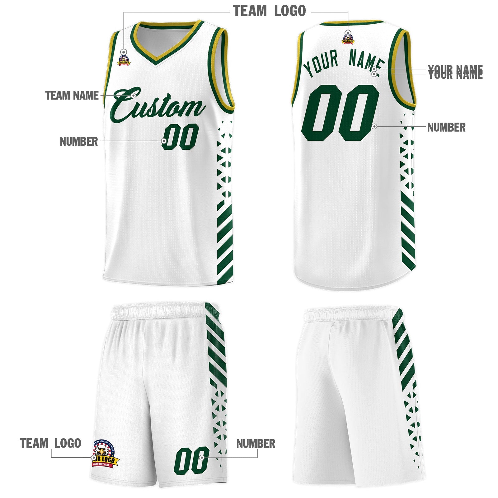 Custom White Hunter Green Old Gold Side Diamond Shapes Stripes Basketball Jersey | For Men,Sublimation Printed,Perfect for Teams,Perfect for Coaches | KXKSHOP