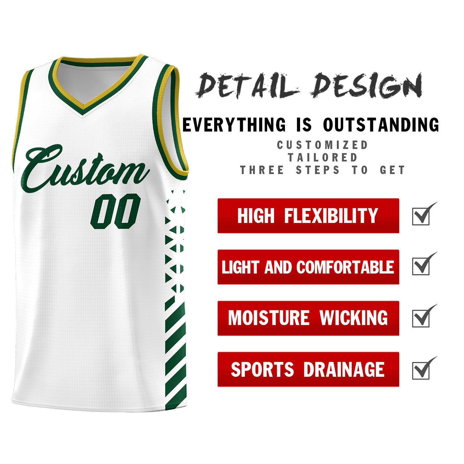 Custom White Hunter Green Old Gold Side Diamond Shapes Stripes Basketball Jersey | For Men,Sublimation Printed,Perfect for Teams,Perfect for Coaches | KXKSHOP