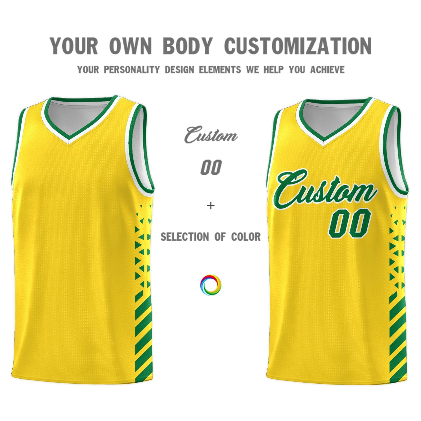 Custom Gold Kelly Green White Side Diamond Shapes Stripes Basketball Jersey | For Men,Sublimation Printed,Perfect for Teams,Perfect for Coaches | KXKSHOP