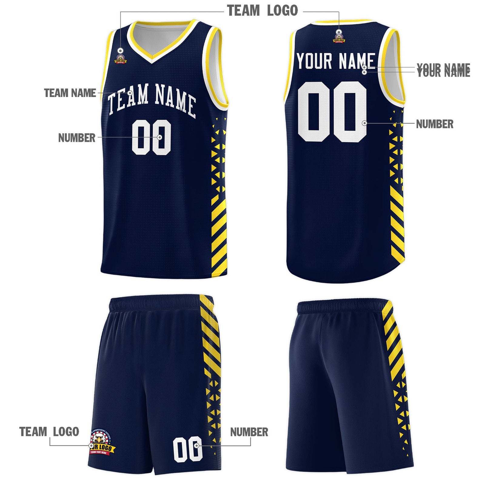Custom Navy Gold White Side Diamond Shapes Stripes Basketball Jersey | For Men,Sublimation Printed,Perfect for Teams,Perfect for Coaches | KXKSHOP