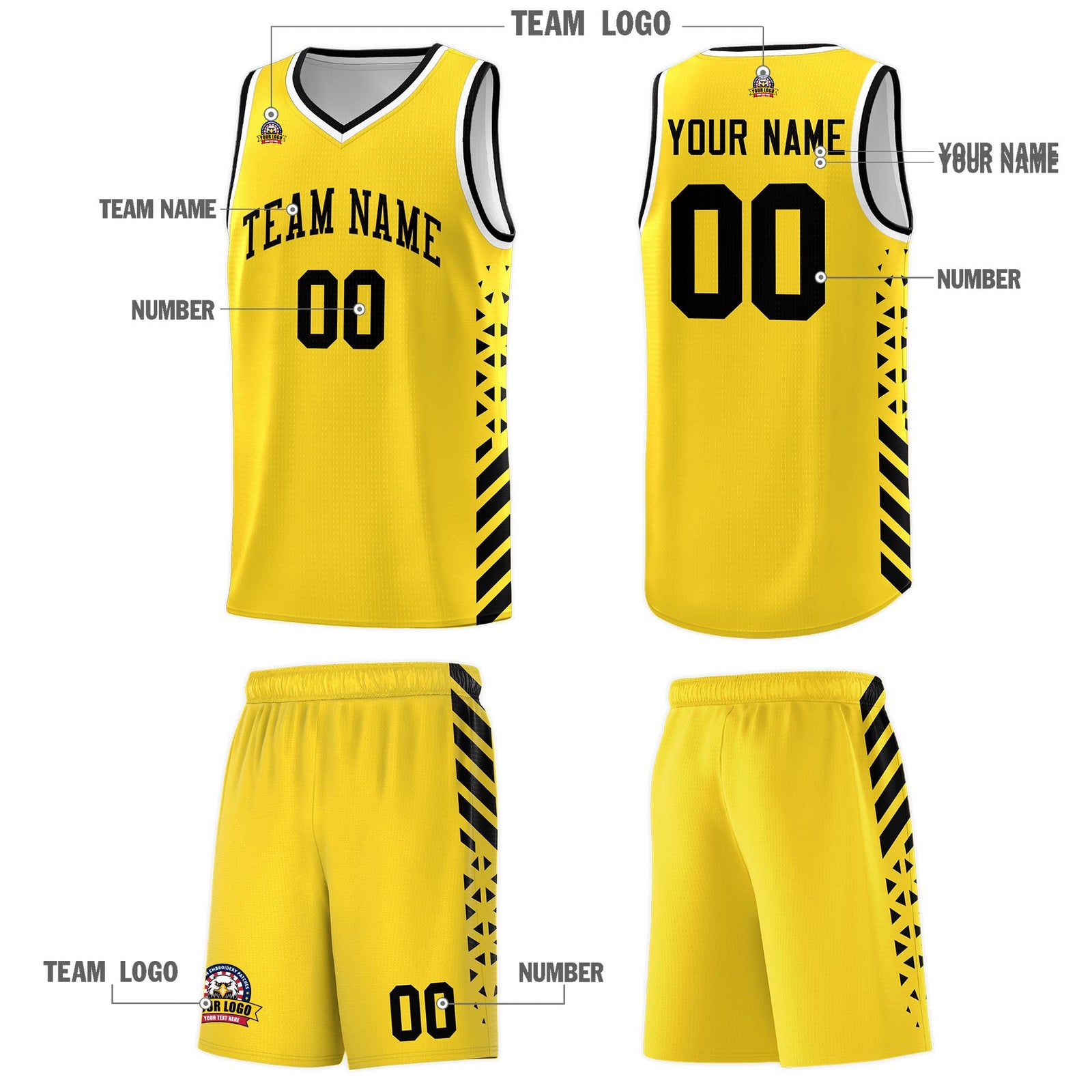 Custom Gold Black White Side Diamond Shapes Stripes Basketball Jersey | For Men,Sublimation Printed,Perfect for Teams,Perfect for Coaches | KXKSHOP