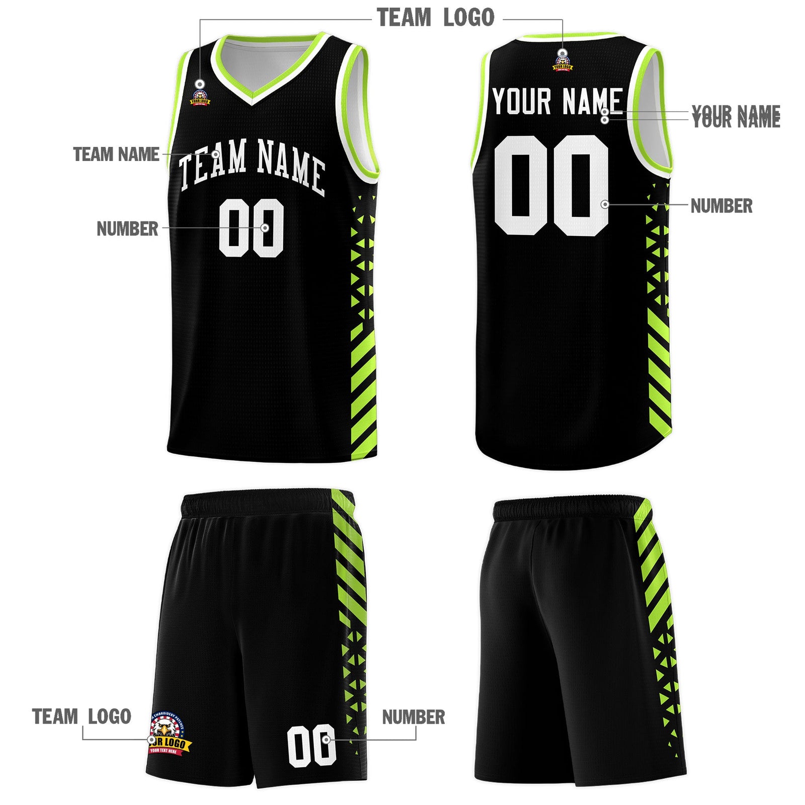 Custom Black Neon Green White Side Diamond Shapes Stripes Basketball Jersey | For Men,Sublimation Printed,Perfect for Teams,Perfect for Coaches | KXKSHOP