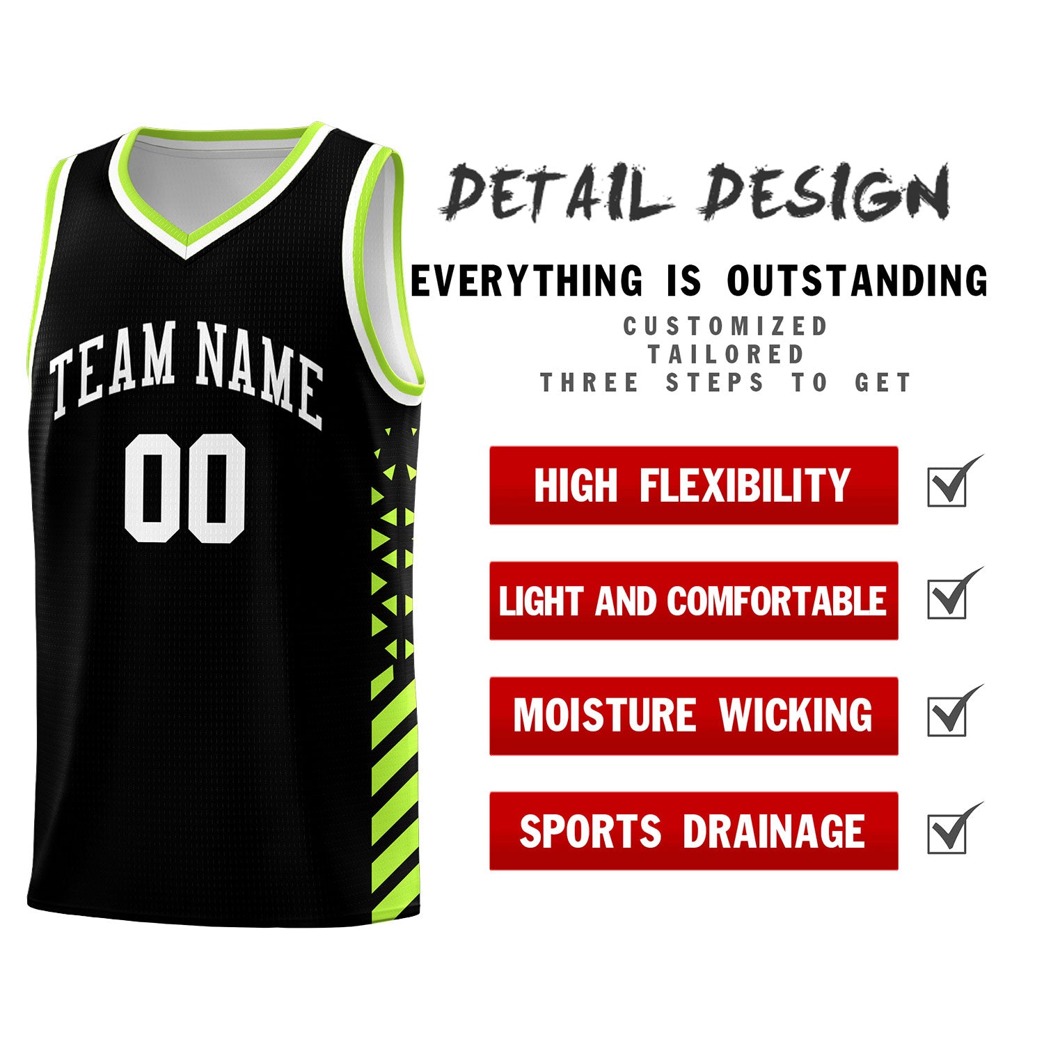 Custom Black Neon Green White Side Diamond Shapes Stripes Basketball Jersey | For Men,Sublimation Printed,Perfect for Teams,Perfect for Coaches | KXKSHOP