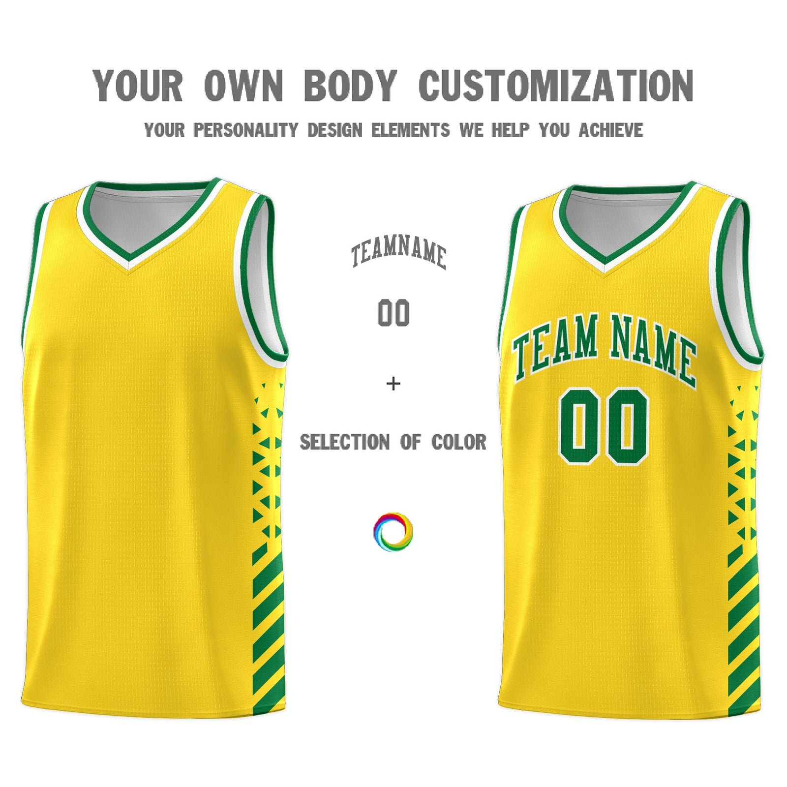 Custom Gold Kelly Green White Side Diamond Shapes Stripes Basketball Jersey | For Men,Sublimation Printed,Perfect for Teams,Perfect for Coaches | KXKSHOP