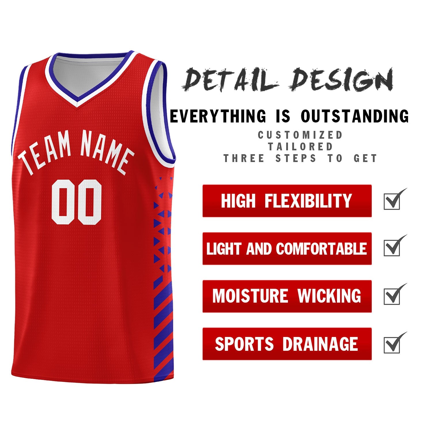 Custom Red Royal Blue White Side Diamond Shapes Stripes Basketball Jersey | For Men,Sublimation Printed,Perfect for Teams,Perfect for Coaches | KXKSHOP