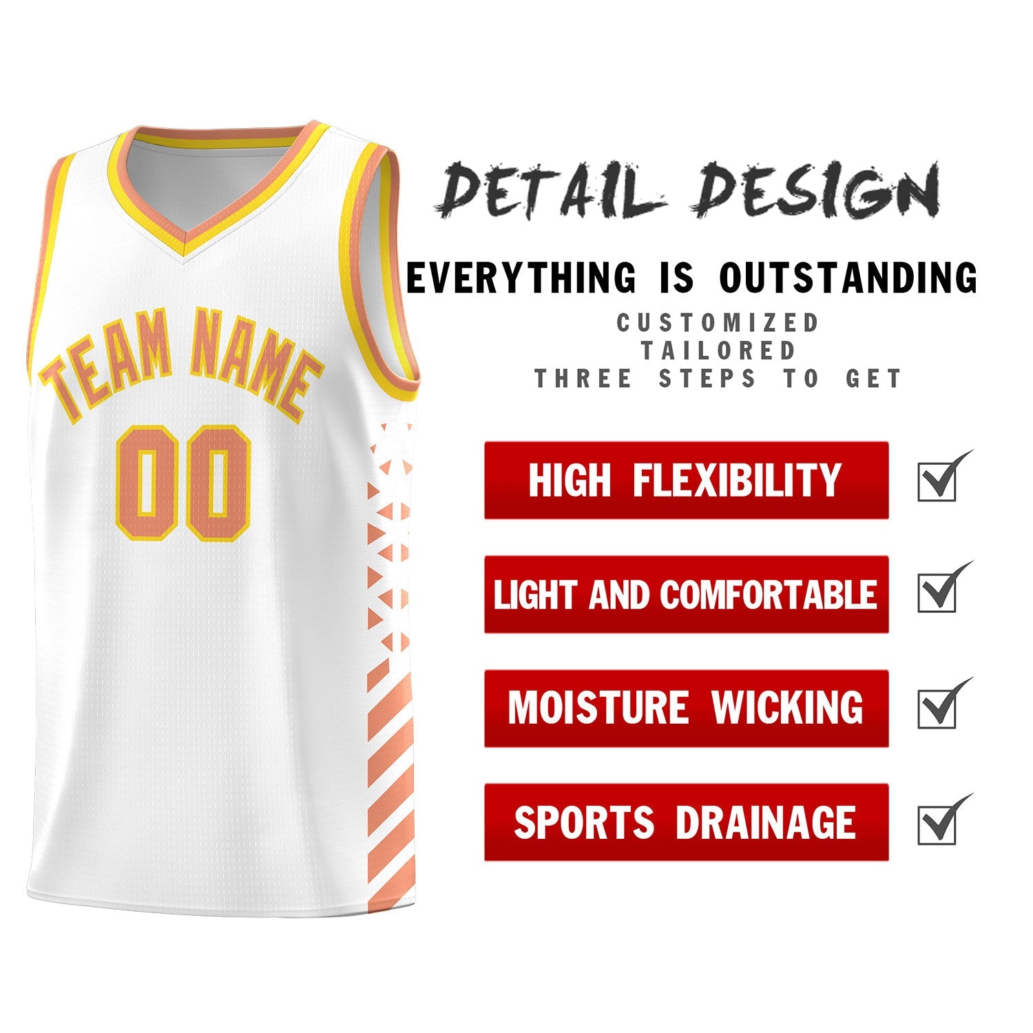 Custom White Light Orange Gold Side Diamond Shapes Stripes Basketball Jersey | For Men,Sublimation Printed,Perfect for Teams,Perfect for Coaches | KXKSHOP