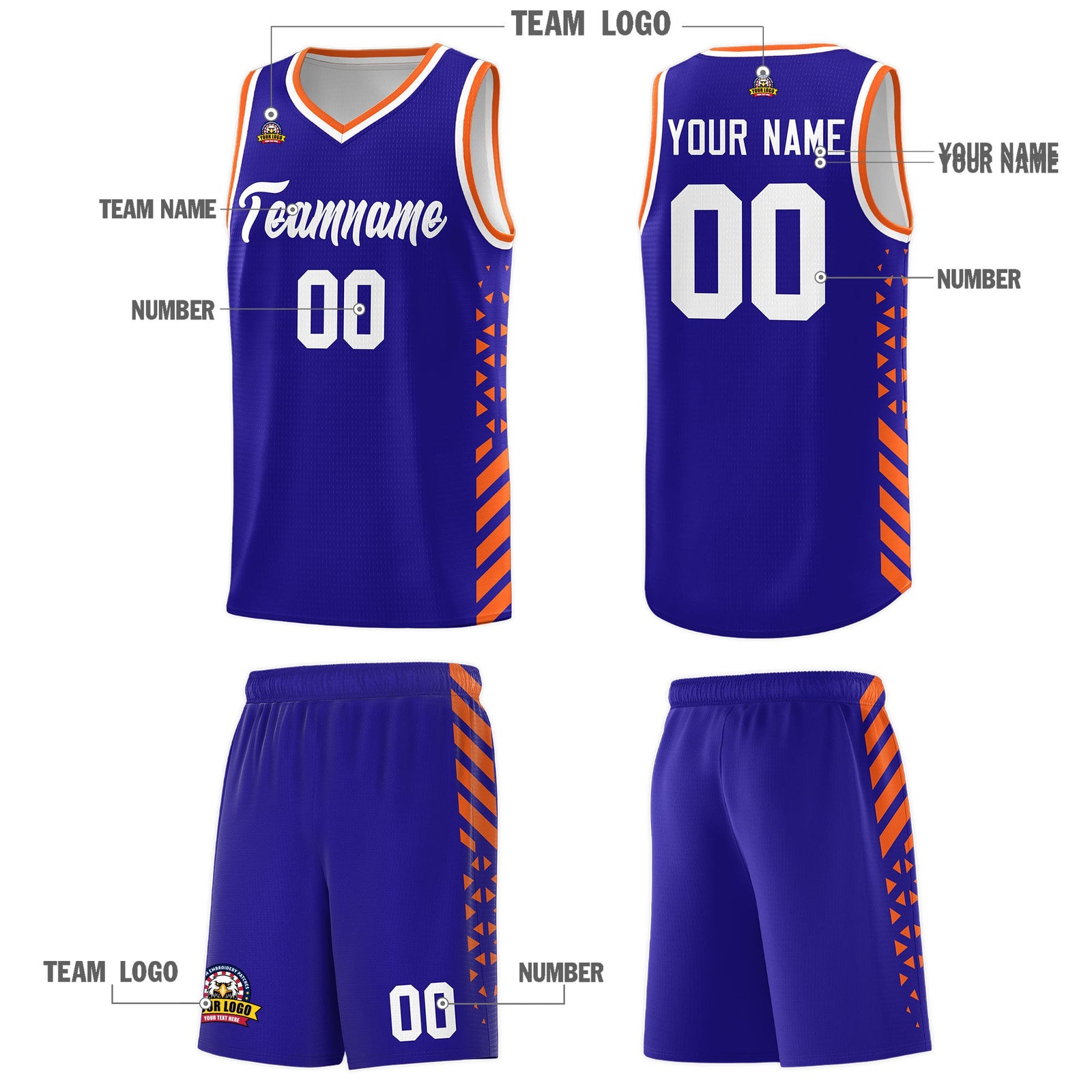 Custom Royal Blue Orange White Side Diamond Shapes Stripes Basketball Jersey | For Men,Sublimation Printed,Perfect for Teams,Perfect for Coaches | KXKSHOP