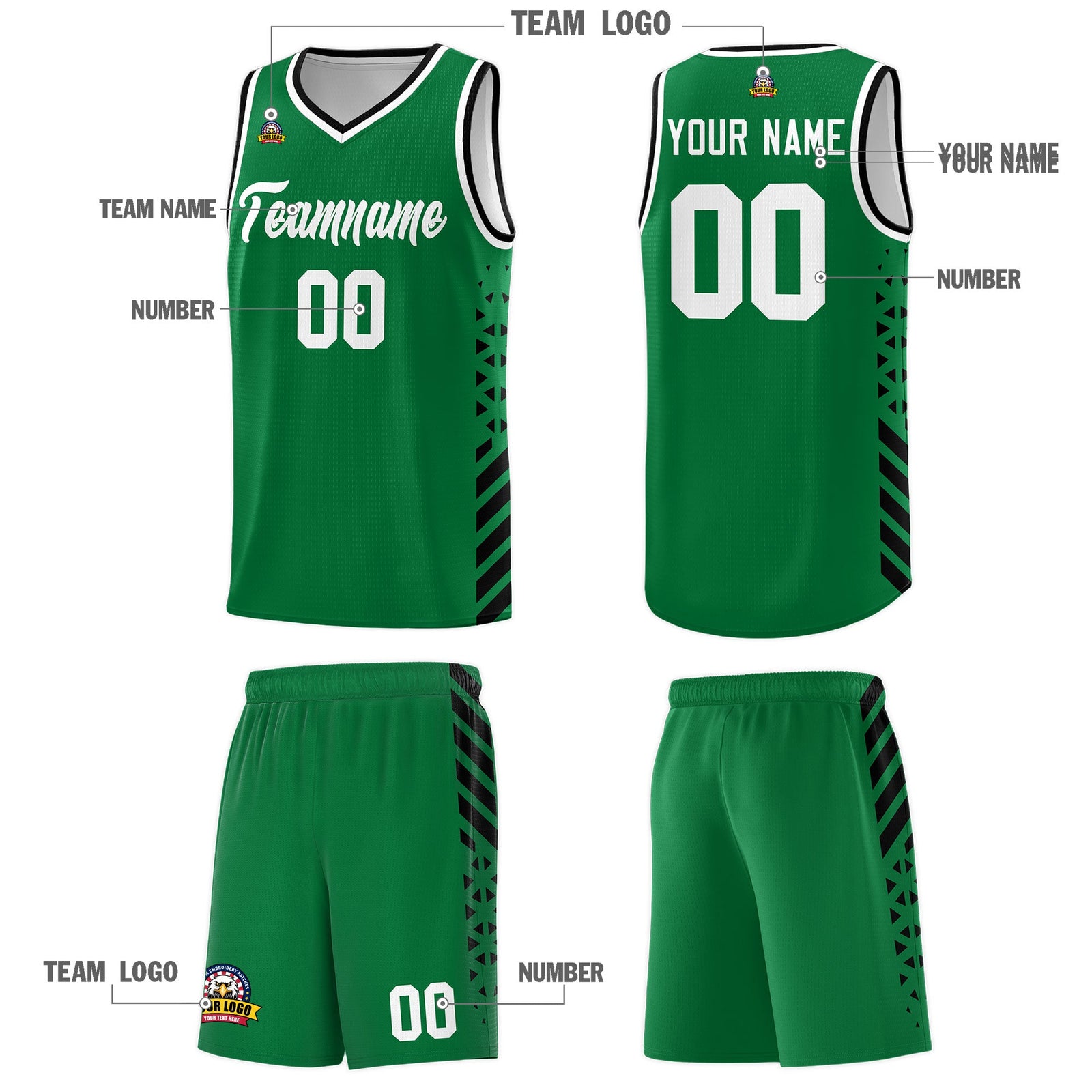 Custom Kelly Green Black White Side Diamond Shapes Stripes Basketball Jersey | For Men,Sublimation Printed,Perfect for Teams,Perfect for Coaches | KXKSHOP