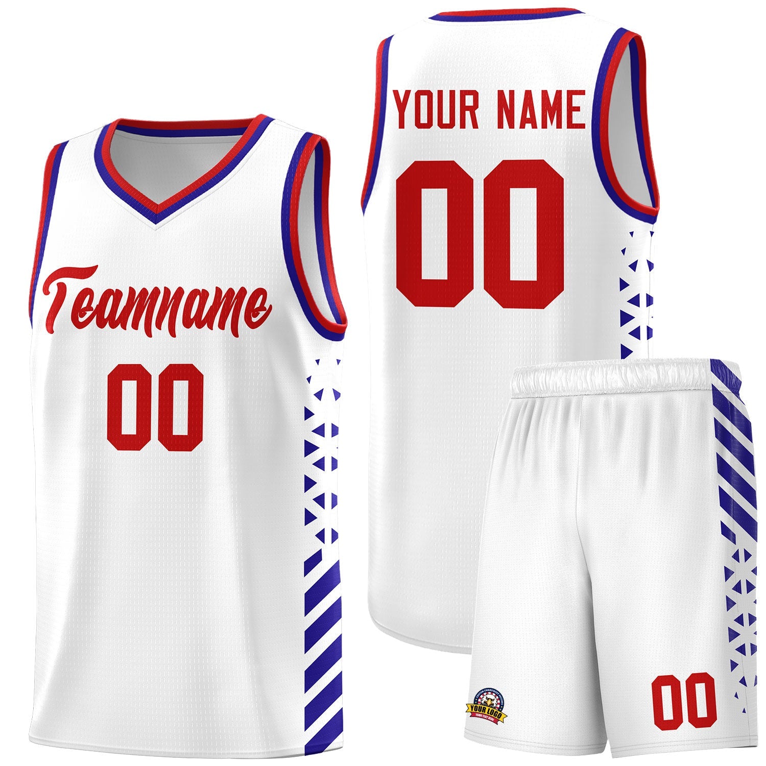 Custom White Royal Blue Red Side Diamond Shapes Stripes Basketball Jersey | For Men,Sublimation Printed,Perfect for Teams,Perfect for Coaches | KXKSHOP