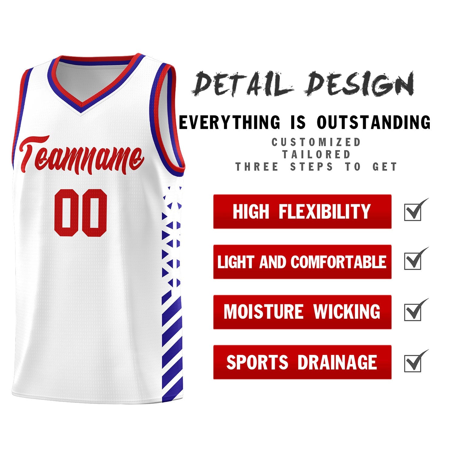 Custom White Royal Blue Red Side Diamond Shapes Stripes Basketball Jersey | For Men,Sublimation Printed,Perfect for Teams,Perfect for Coaches | KXKSHOP