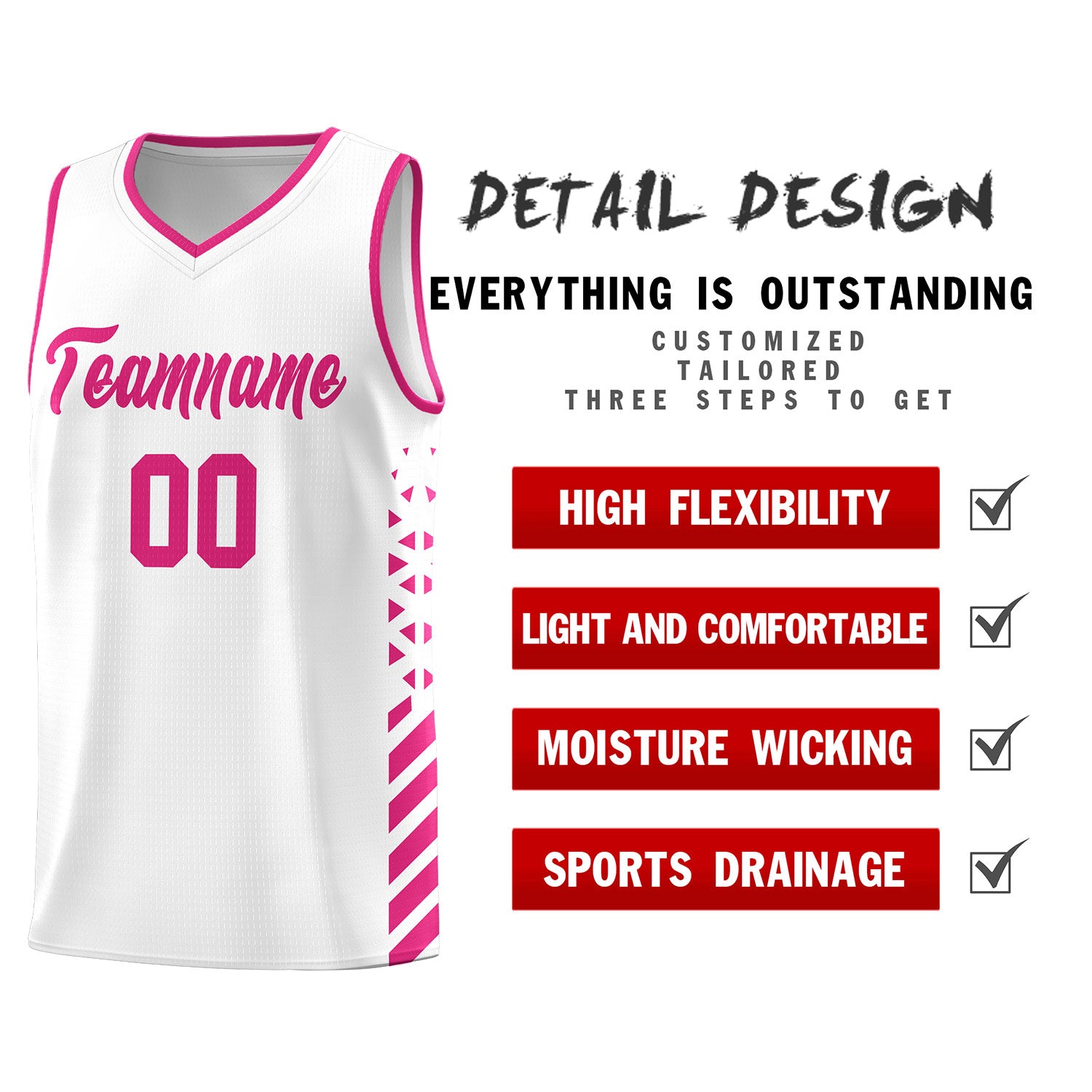 Custom White Rose Red Side Diamond Shapes Stripes Basketball Jersey | For Men,Sublimation Printed,Perfect for Teams,Perfect for Coaches | KXKSHOP