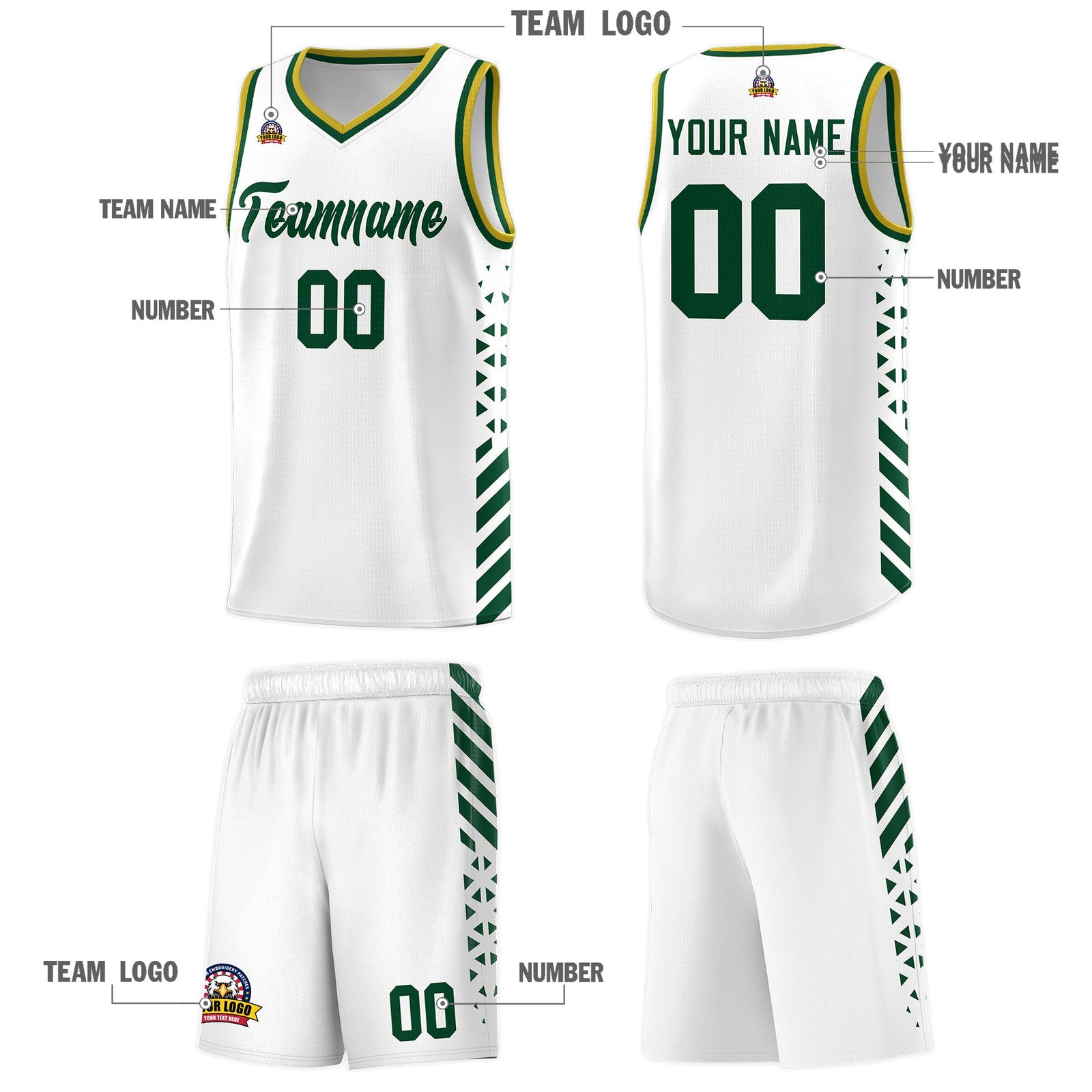 Custom White Hunter Green Old Gold Side Diamond Shapes Stripes Basketball Jersey | For Men,Sublimation Printed,Perfect for Teams,Perfect for Coaches | KXKSHOP
