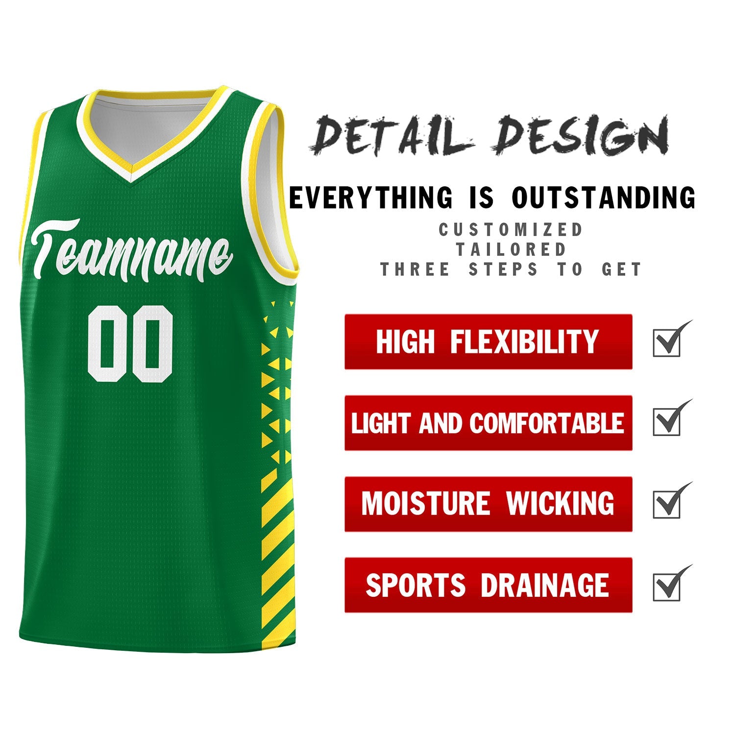 Custom Kelly Green Gold White Side Diamond Shapes Stripes Basketball Jersey | For Men,Sublimation Printed,Perfect for Teams,Perfect for Coaches | KXKSHOP