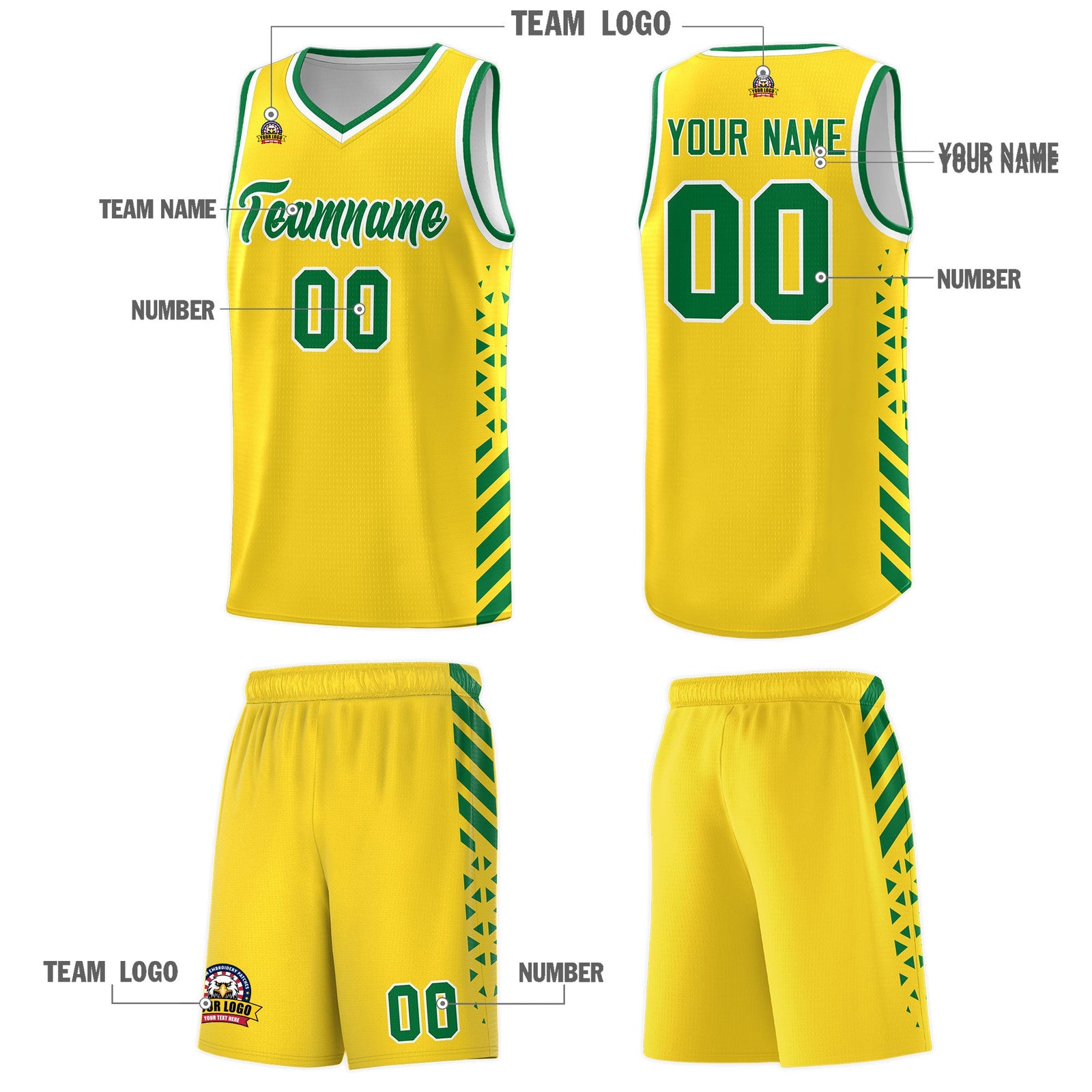 Custom Gold Kelly Green White Side Diamond Shapes Stripes Basketball Jersey | For Men,Sublimation Printed,Perfect for Teams,Perfect for Coaches | KXKSHOP