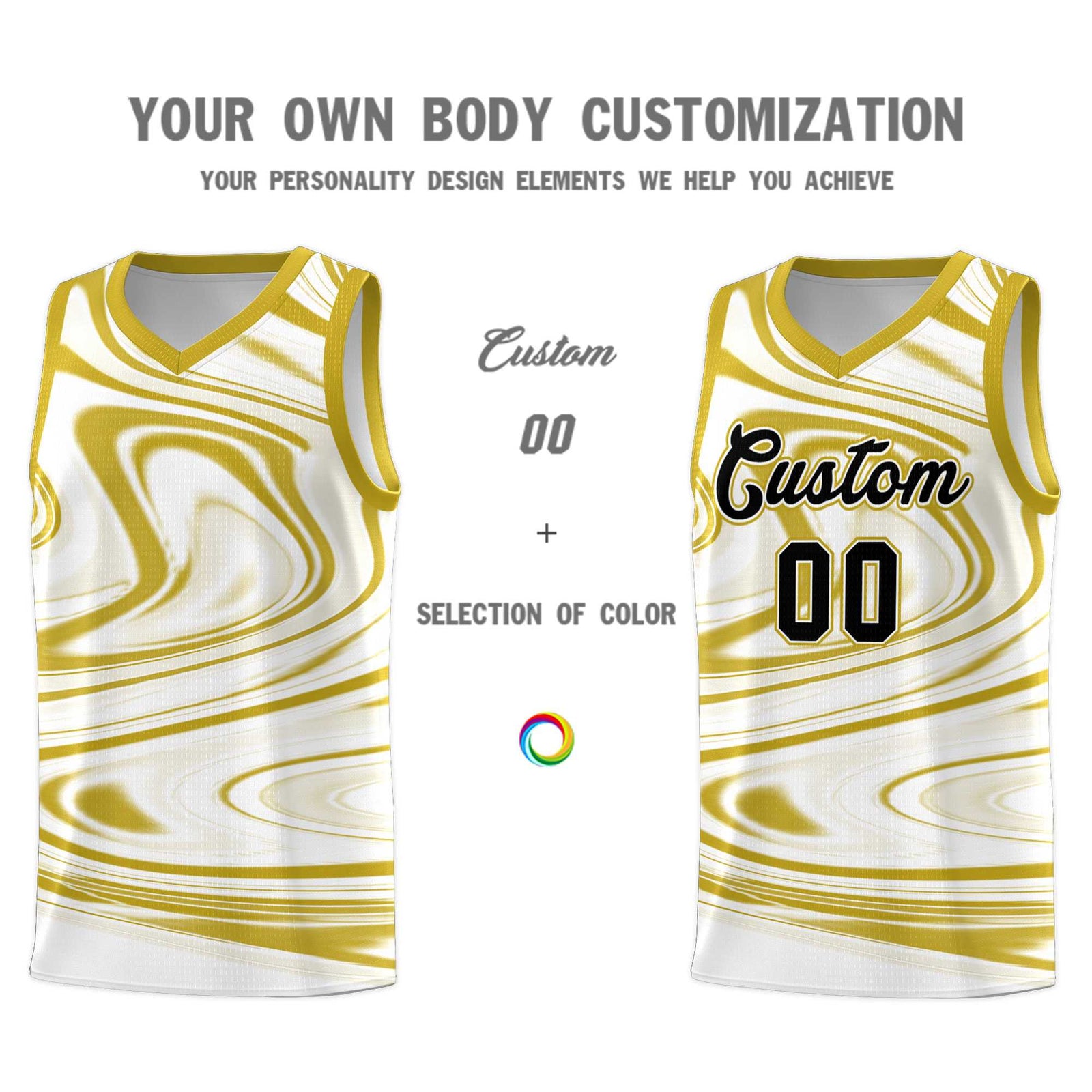 Custom White Old Gold Graffiti Pattern Fluids Style Sports Uniform Basketball Jersey Sets