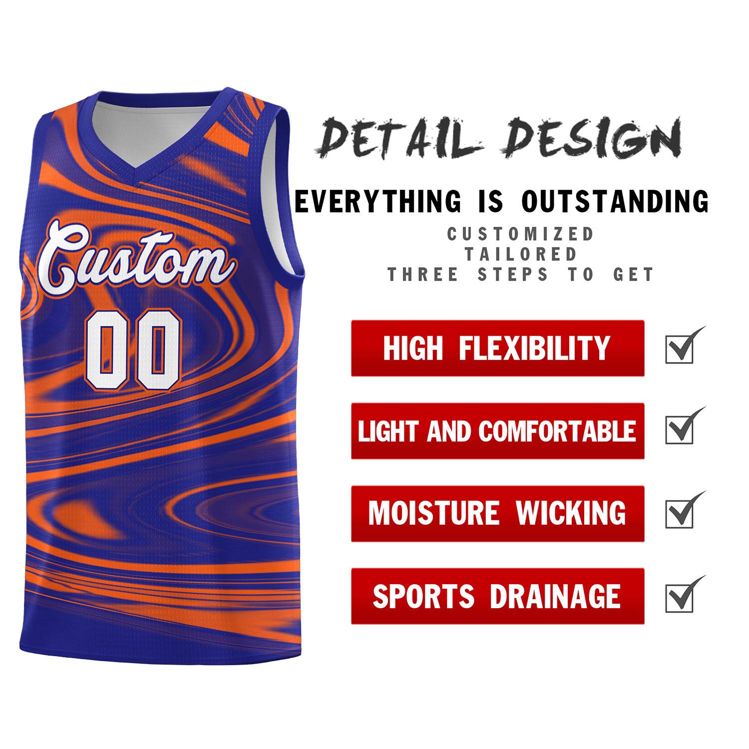 Custom Royal Orange Graffiti Pattern Fluids Style Sports Uniform Basketball Jersey Sets