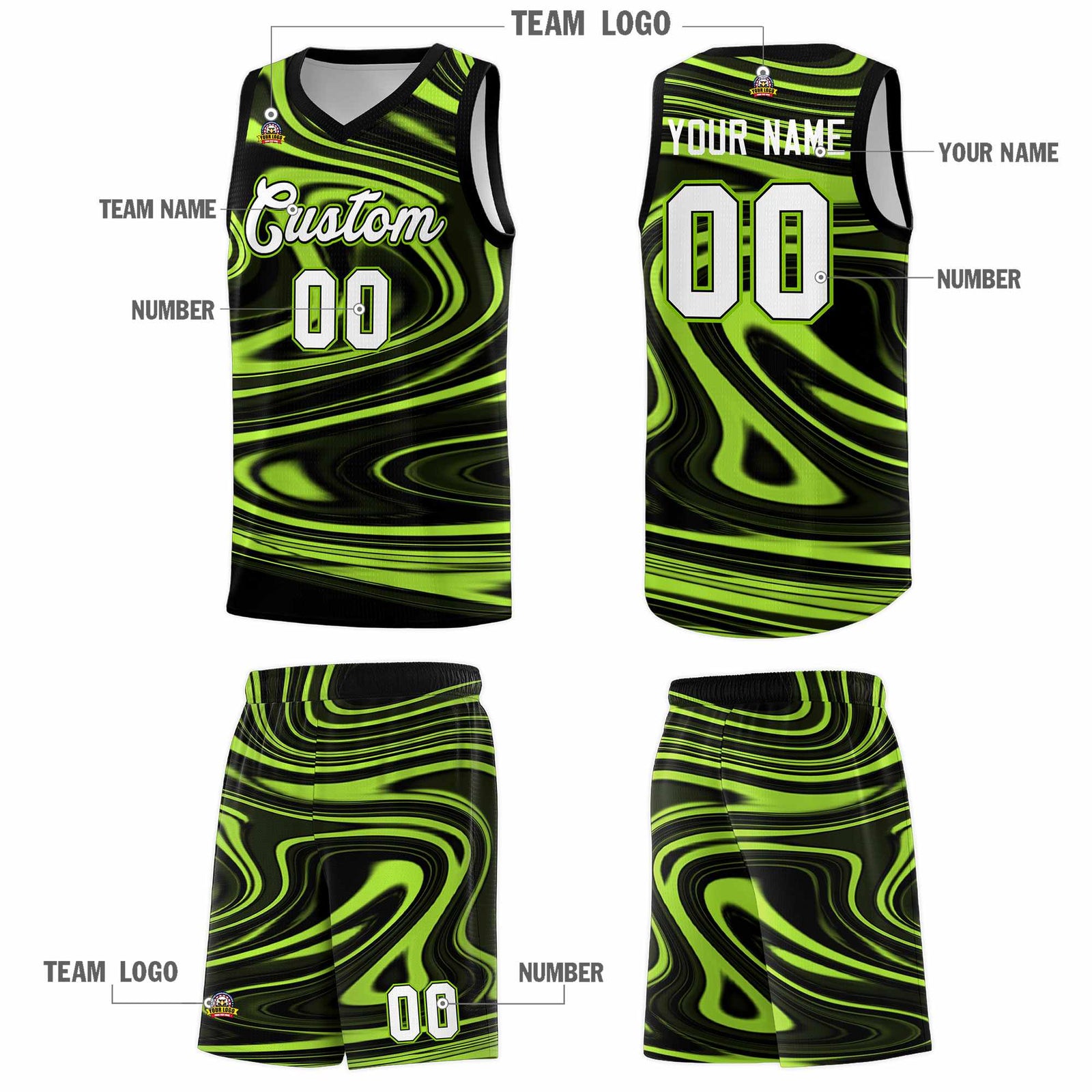 Custom Black Light Green Graffiti Pattern Fluids Style Sports Uniform Basketball Jersey Sets