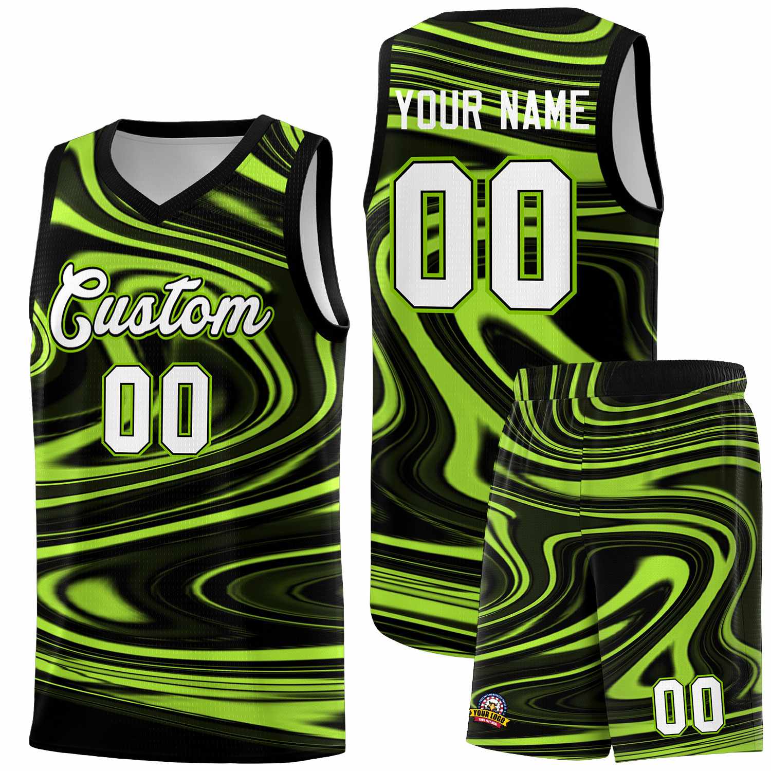 Custom Black Light Green Graffiti Pattern Fluids Style Sports Uniform Basketball Jersey Sets