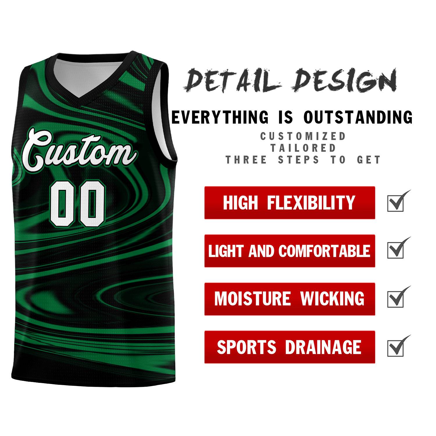 Custom Black Kelly Green Graffiti Pattern Fluids Style Sports Uniform Basketball Jersey Sets