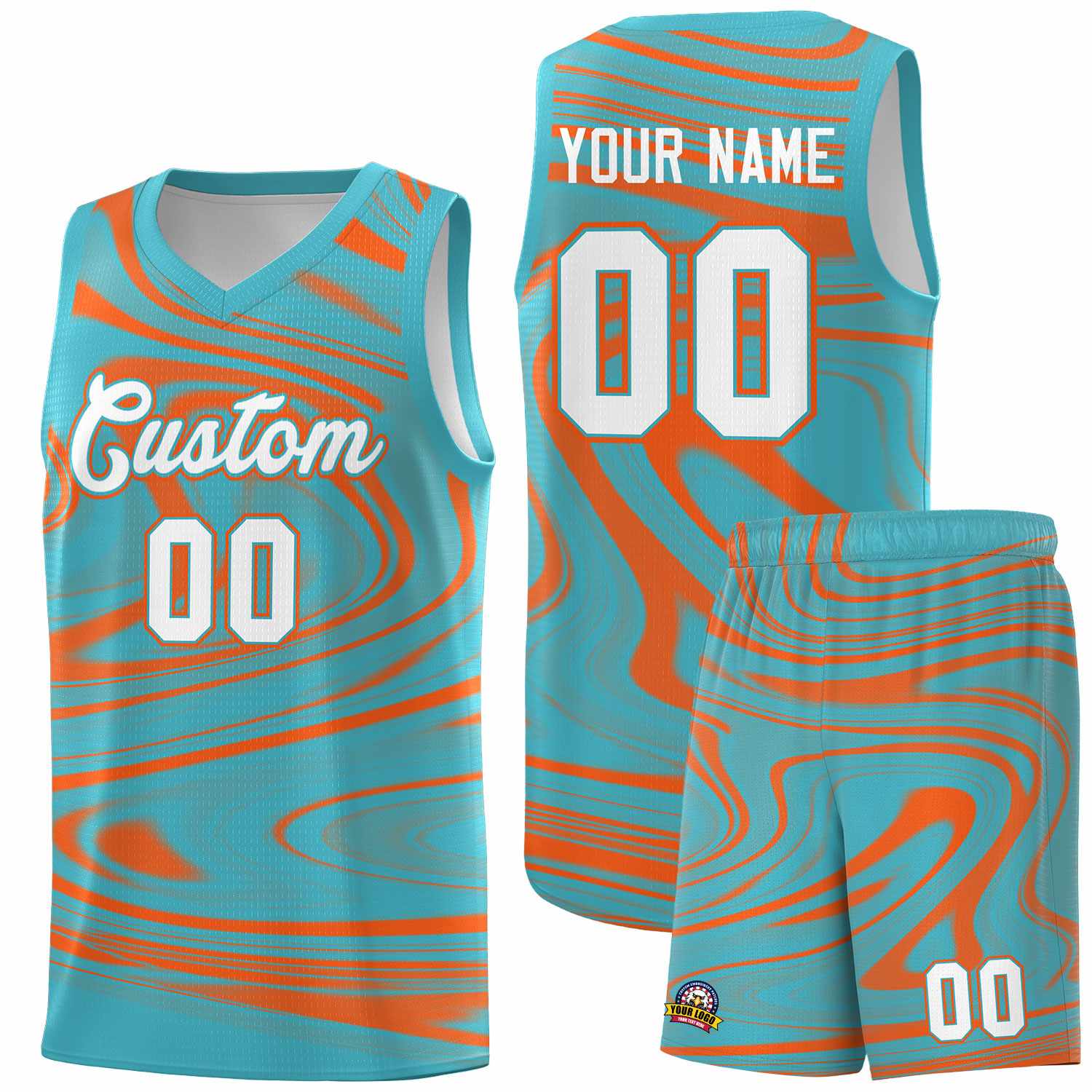 Custom Aqua Orange Graffiti Pattern Fluids Style Sports Uniform Basketball Jersey Sets