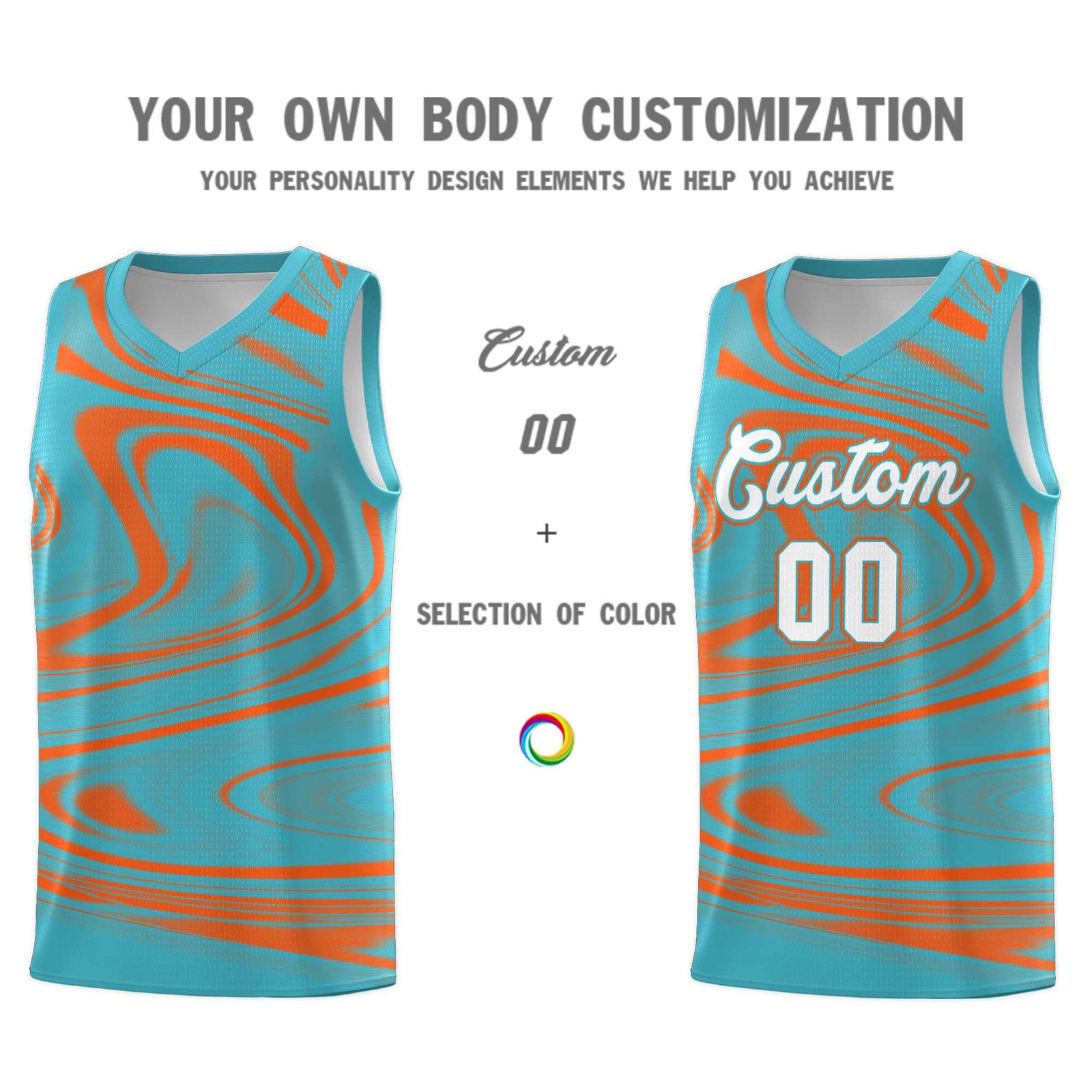 Custom Aqua Orange Graffiti Pattern Fluids Style Sports Uniform Basketball Jersey Sets