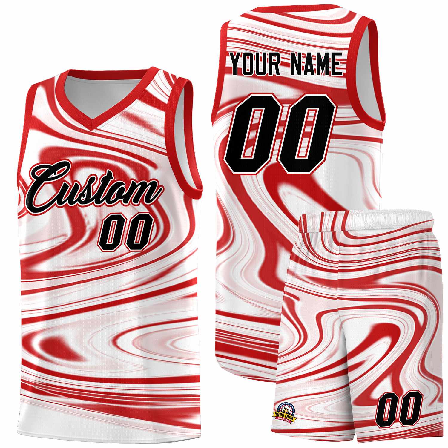 Custom White Red Graffiti Pattern Fluids Style Sports Uniform Basketball Jersey Sets