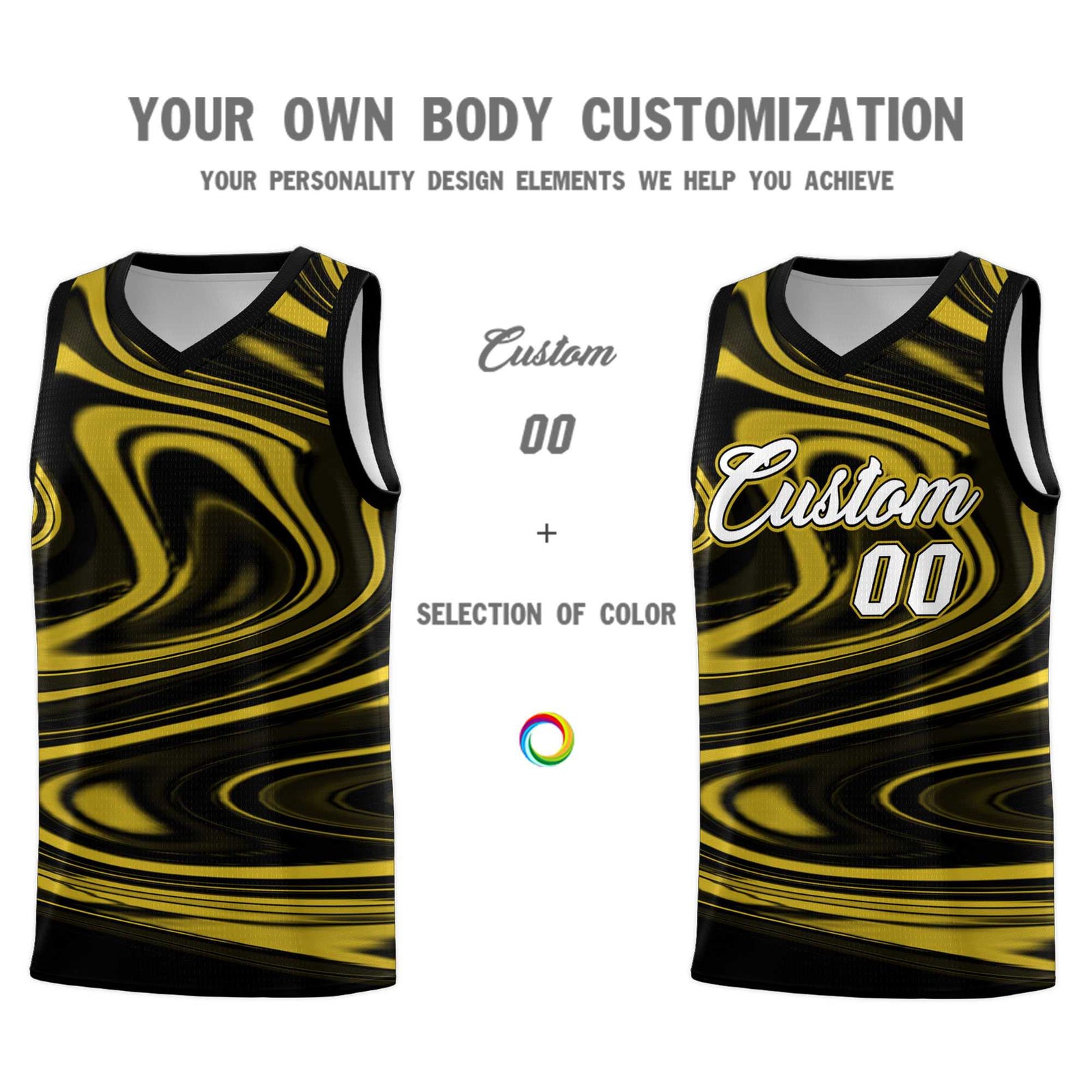 Custom Black Old Gold Graffiti Pattern Fluids Style Sports Uniform Basketball Jersey Sets