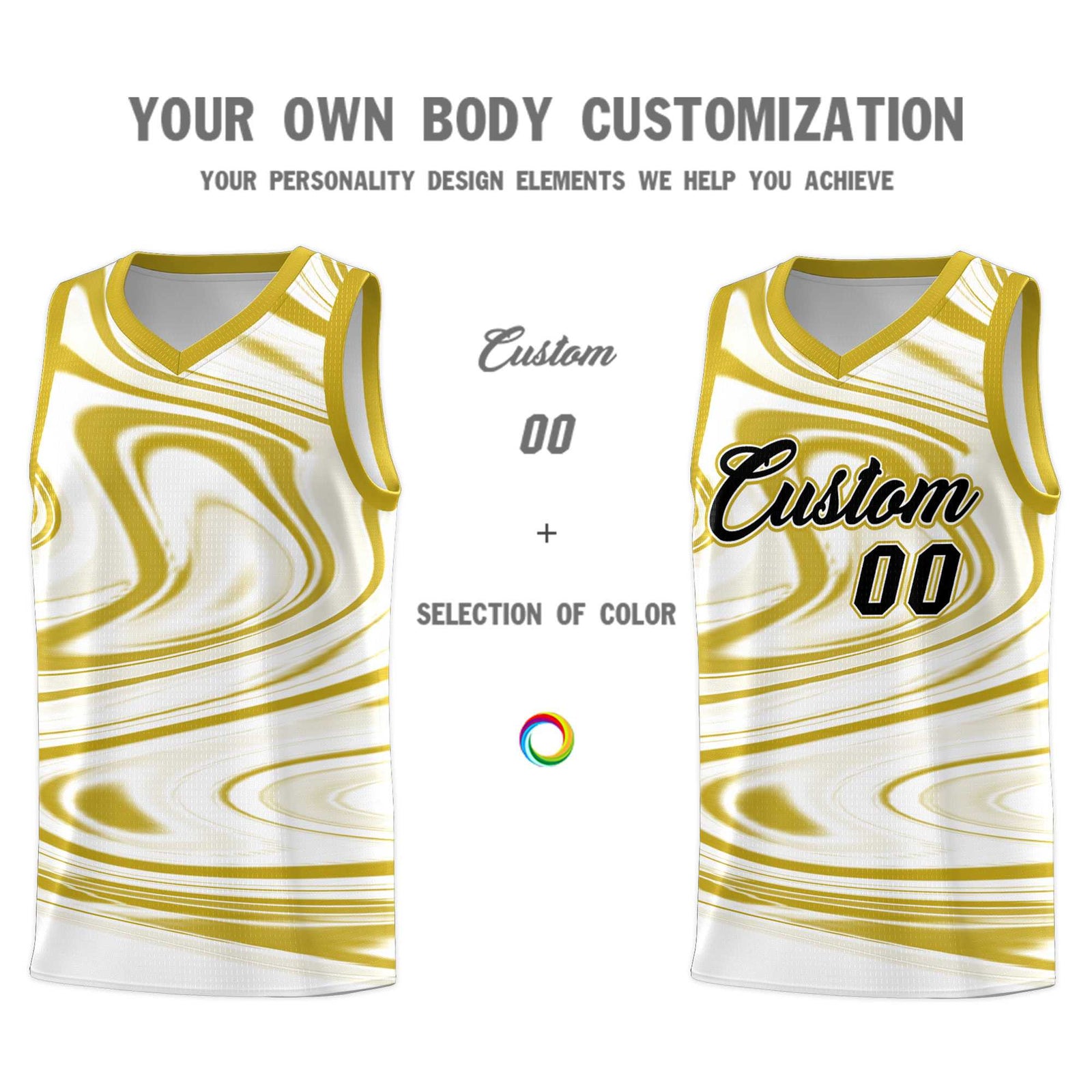Custom White Old Gold Graffiti Pattern Fluids Style Sports Uniform Basketball Jersey Sets