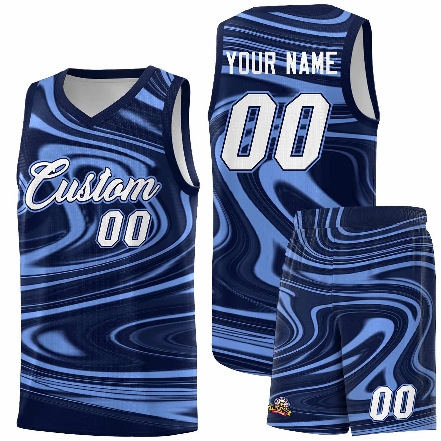 Custom Navy Light Blue Graffiti Pattern Fluids Style Sports Uniform Basketball Jersey Sets